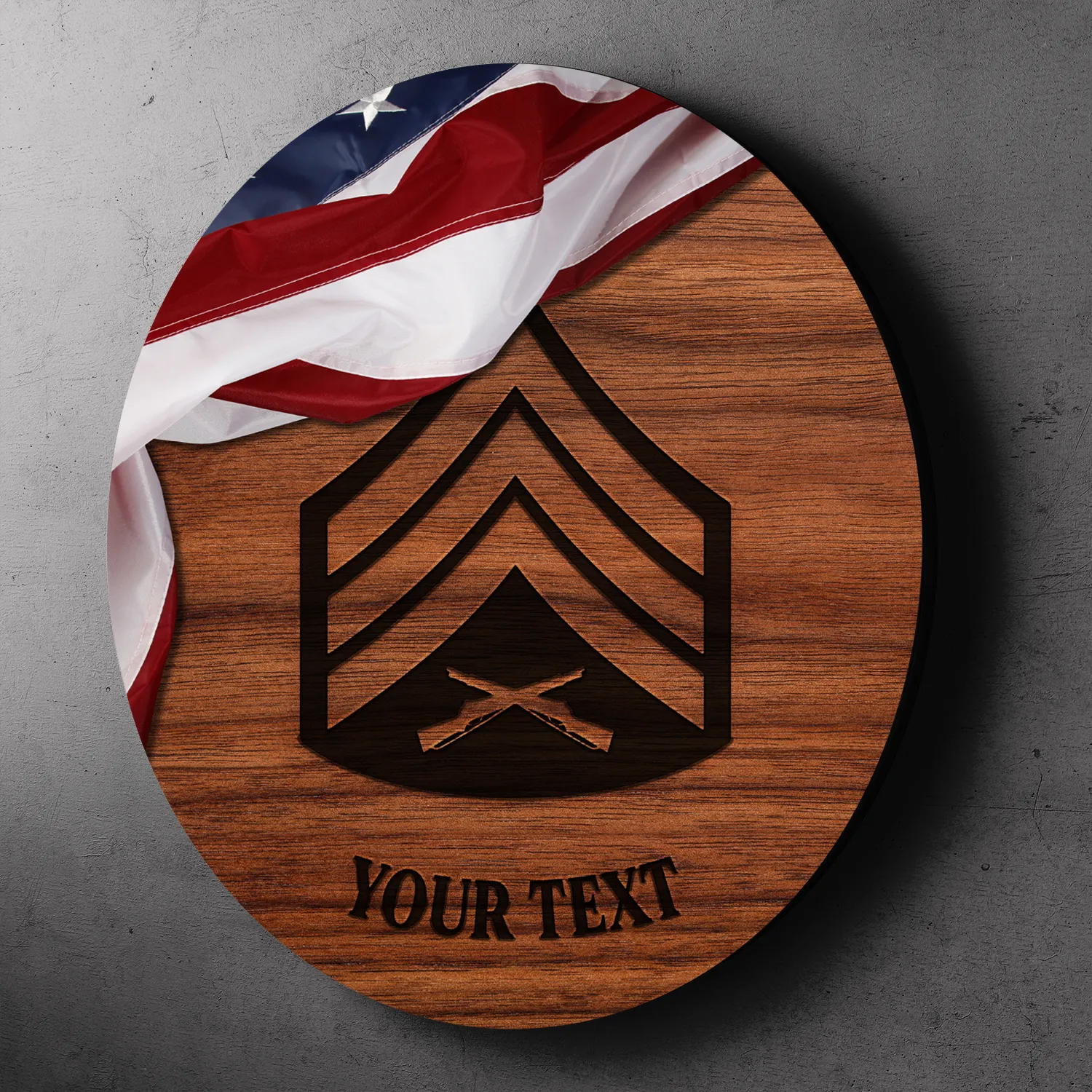 Custom Round Wood Sign, USA Flag With Military Ranks/Insignia, Personalized Text