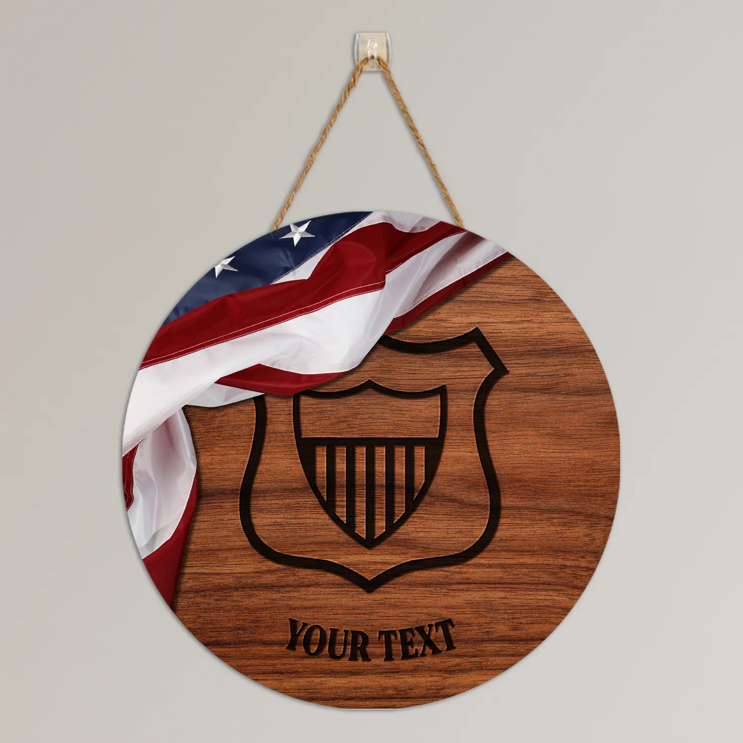 Custom Round Wood Sign, USA Flag With Military Ranks/Insignia, Personalized Text