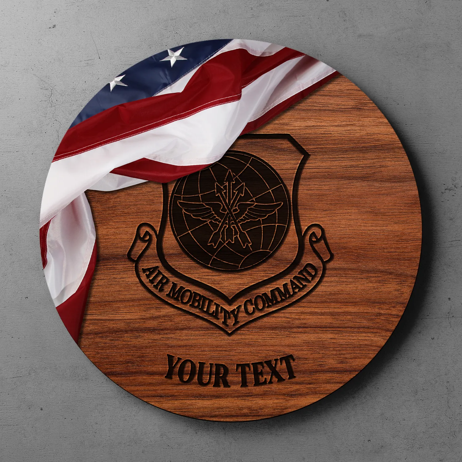 Custom Round Wood Sign, USA Flag With Military Ranks/Insignia, Personalized Text