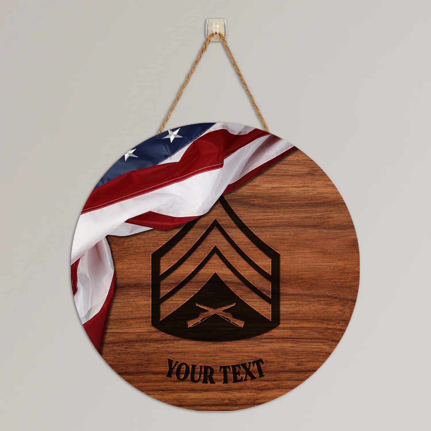 Custom Round Wood Sign, USA Flag With Military Ranks/Insignia, Personalized Text