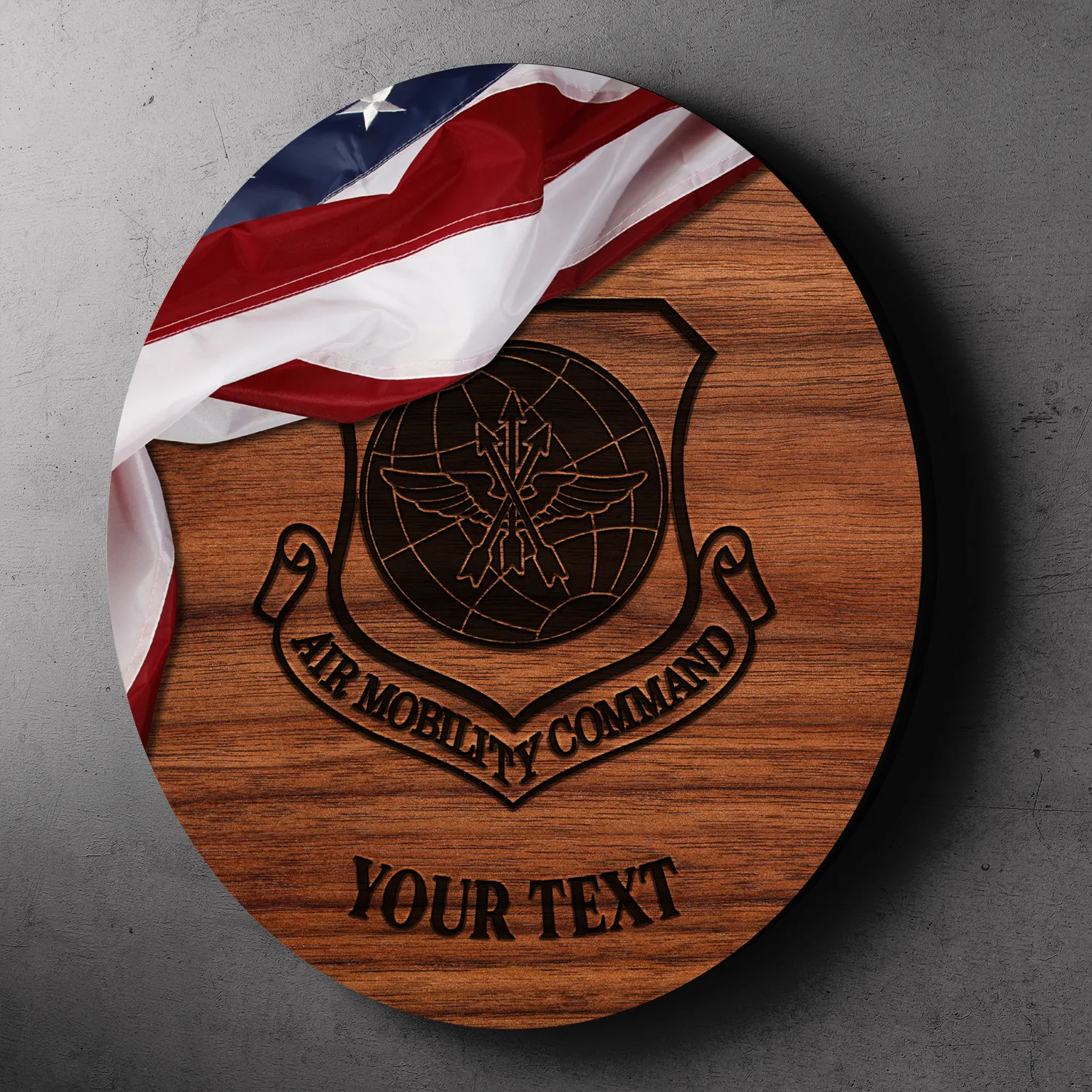 Custom Round Wood Sign, USA Flag With Military Ranks/Insignia, Personalized Text