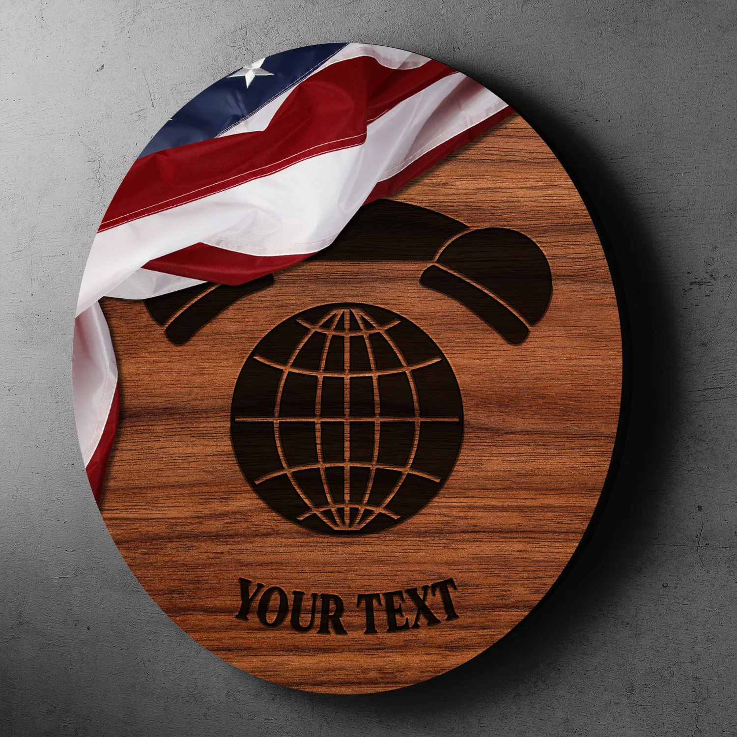 Custom Round Wood Sign, USA Flag With Military Ranks/Insignia, Personalized Text