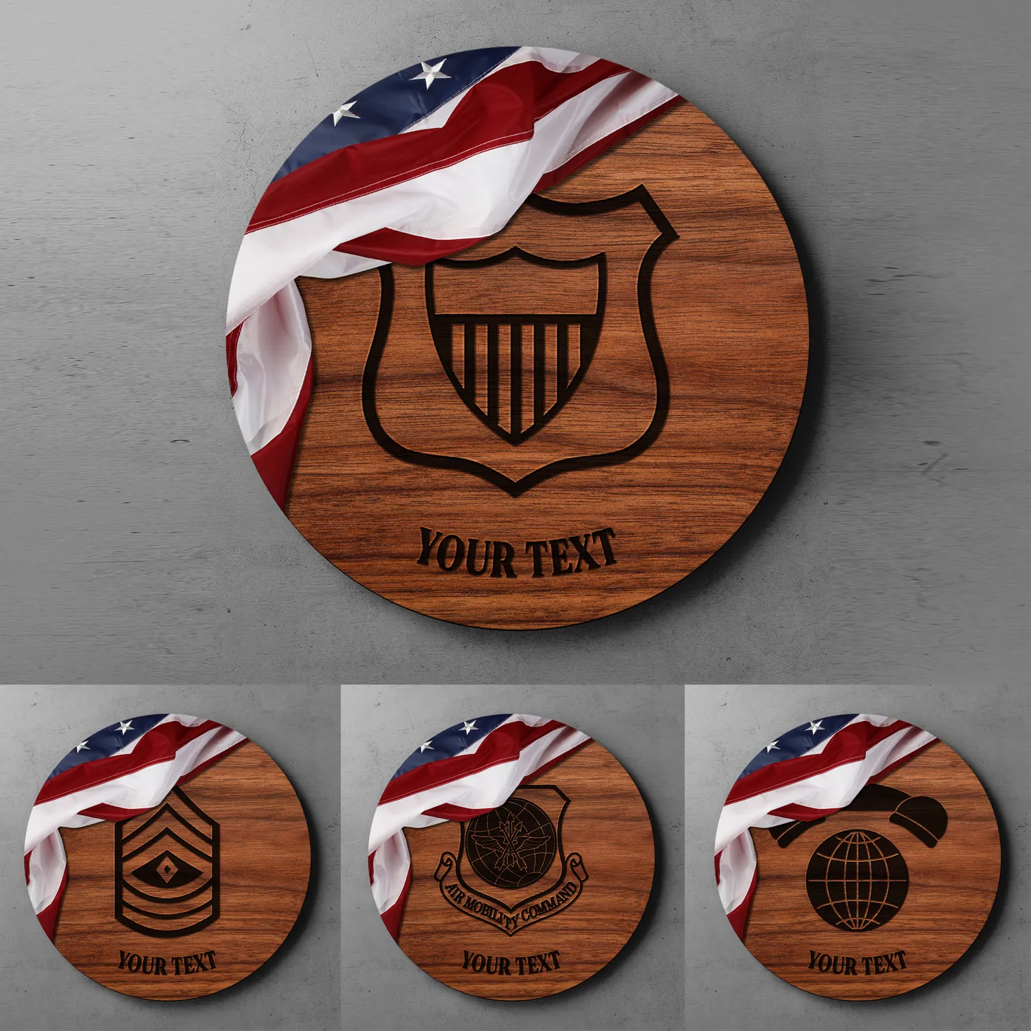Custom Round Wood Sign, USA Flag With Military Ranks/Insignia, Personalized Text