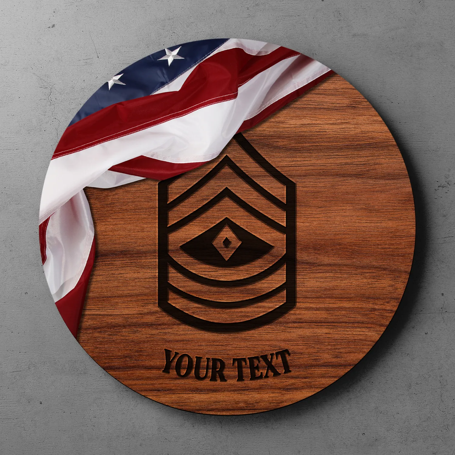 Custom Round Wood Sign, USA Flag With Military Ranks/Insignia, Personalized Text