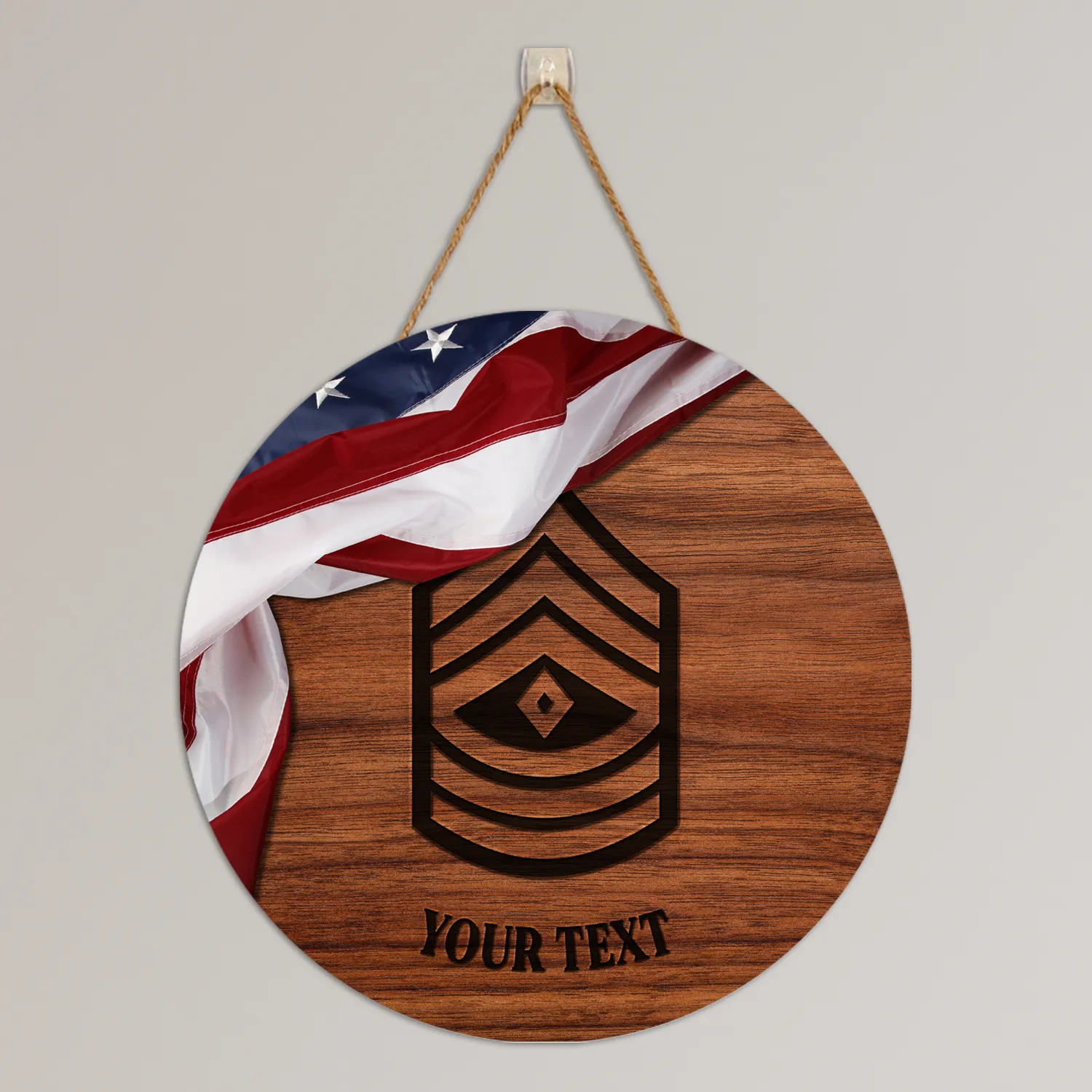Custom Round Wood Sign, USA Flag With Military Ranks/Insignia, Personalized Text