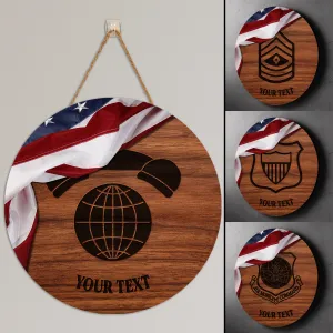Custom Round Wood Sign, USA Flag With Military Ranks/Insignia, Personalized Text