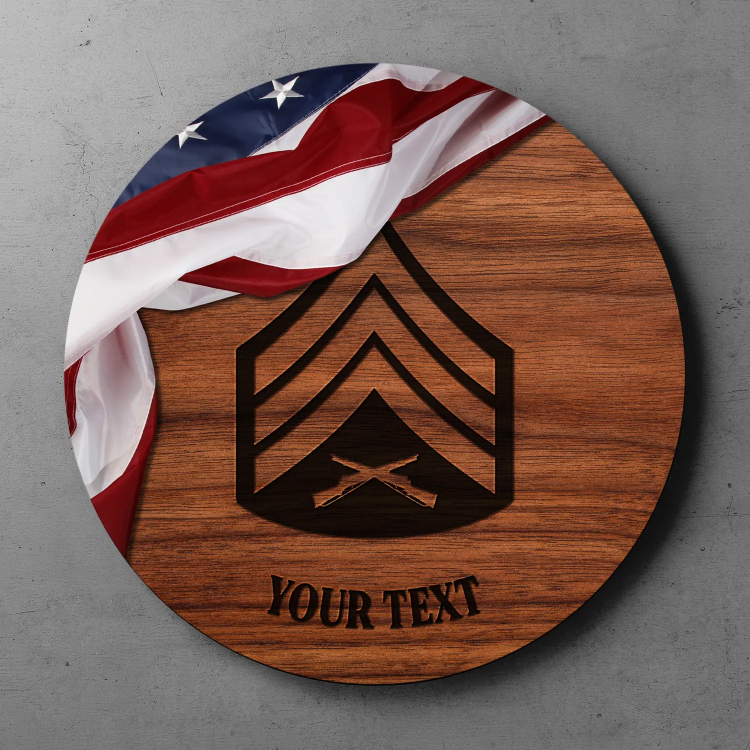 Custom Round Wood Sign, USA Flag With Military Ranks/Insignia, Personalized Text