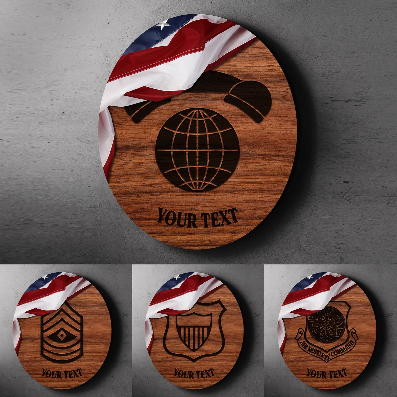 Custom Round Wood Sign, USA Flag With Military Ranks/Insignia, Personalized Text