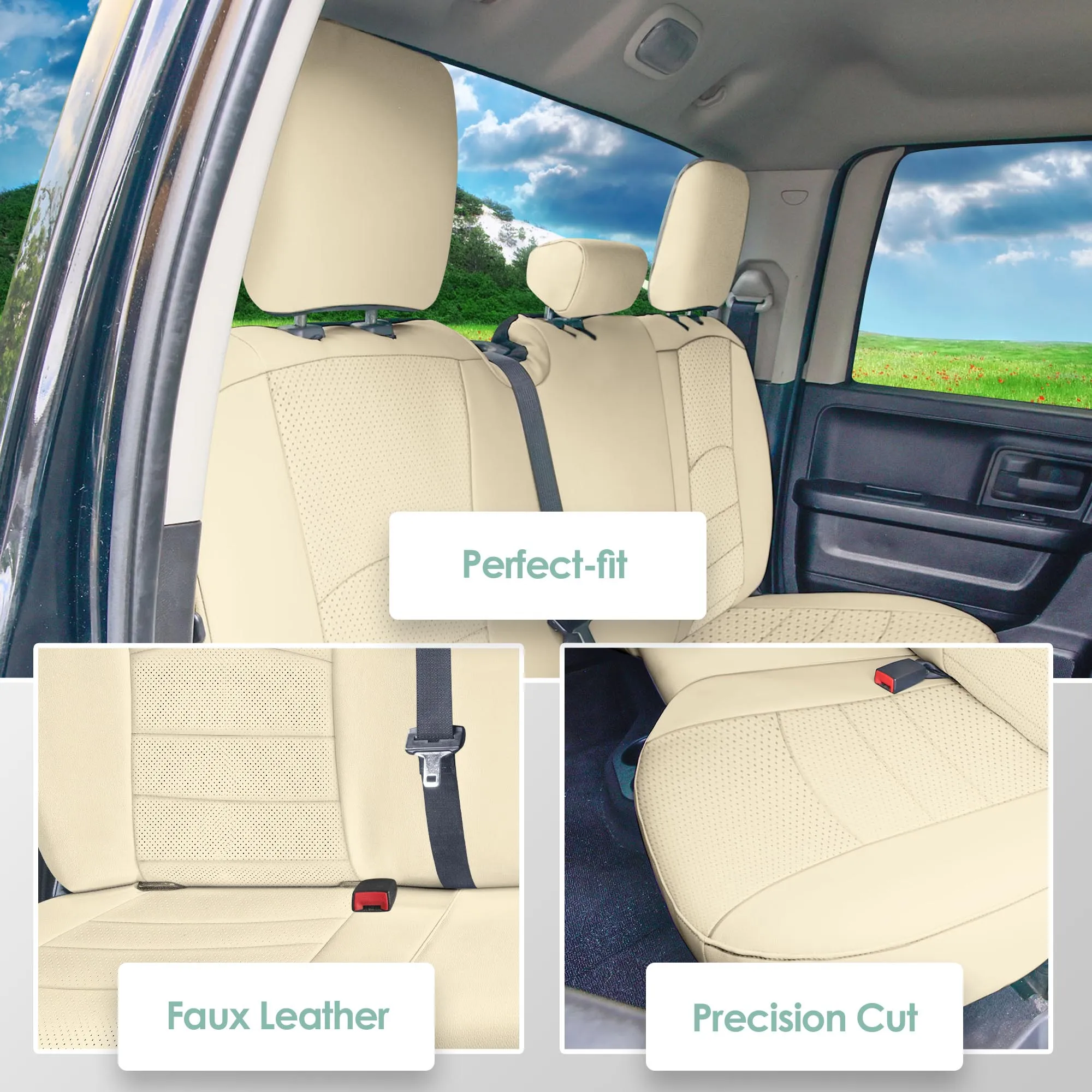 Dodge Ram 1500 2011-2018 & Ram 1500 Classic 2019-2025 Quad Cab - Rear Set Seat Covers - Beige Faux Leather
