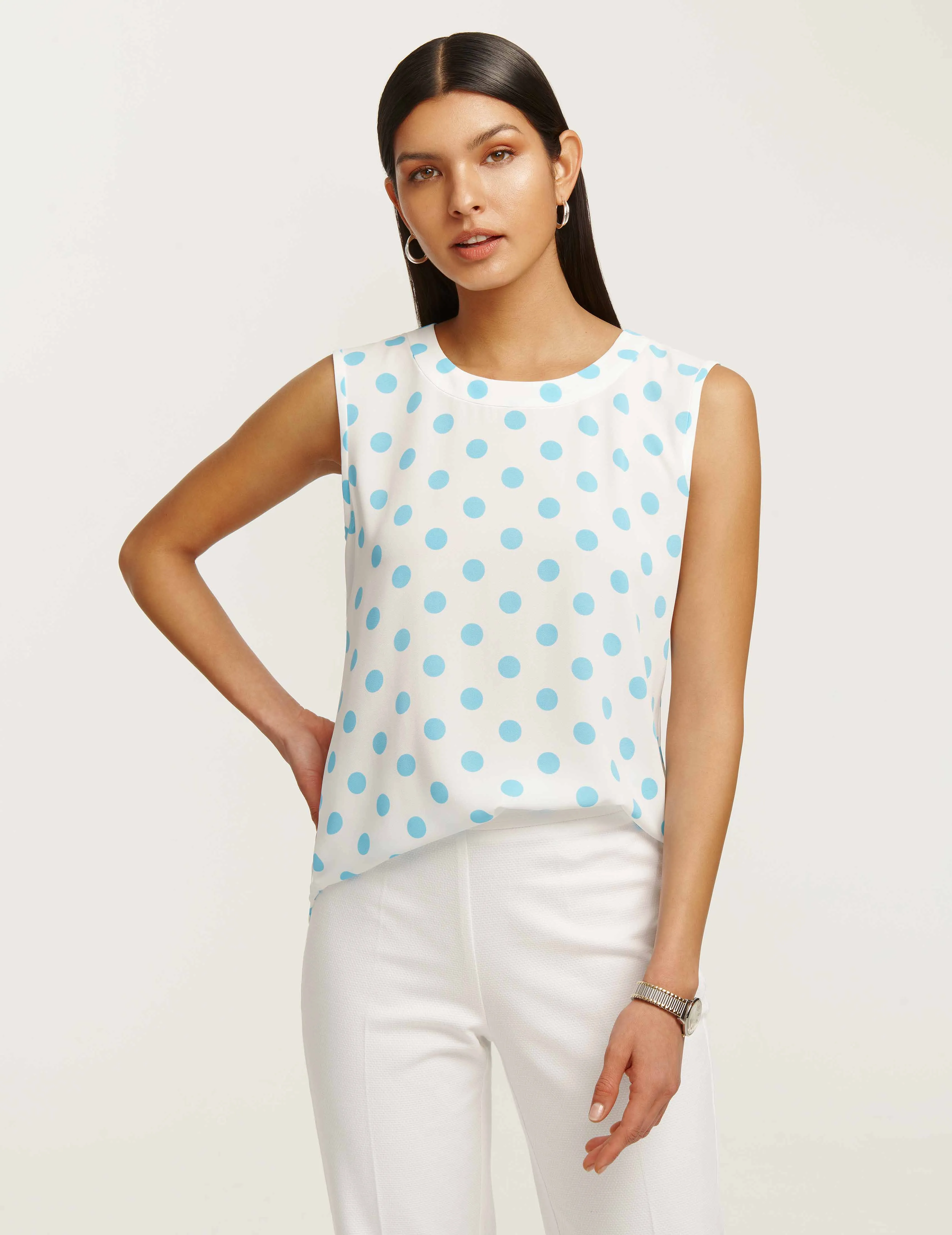 Dot Printed Sleeveless U-Neck Shell- Sale