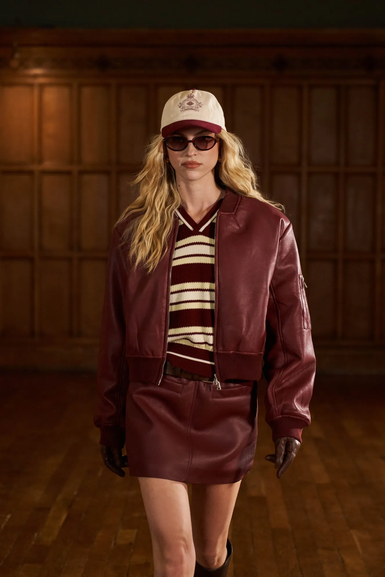FAUX LEATHER SHOULDER PADDED BOMBER JACKET - BURGUNDY