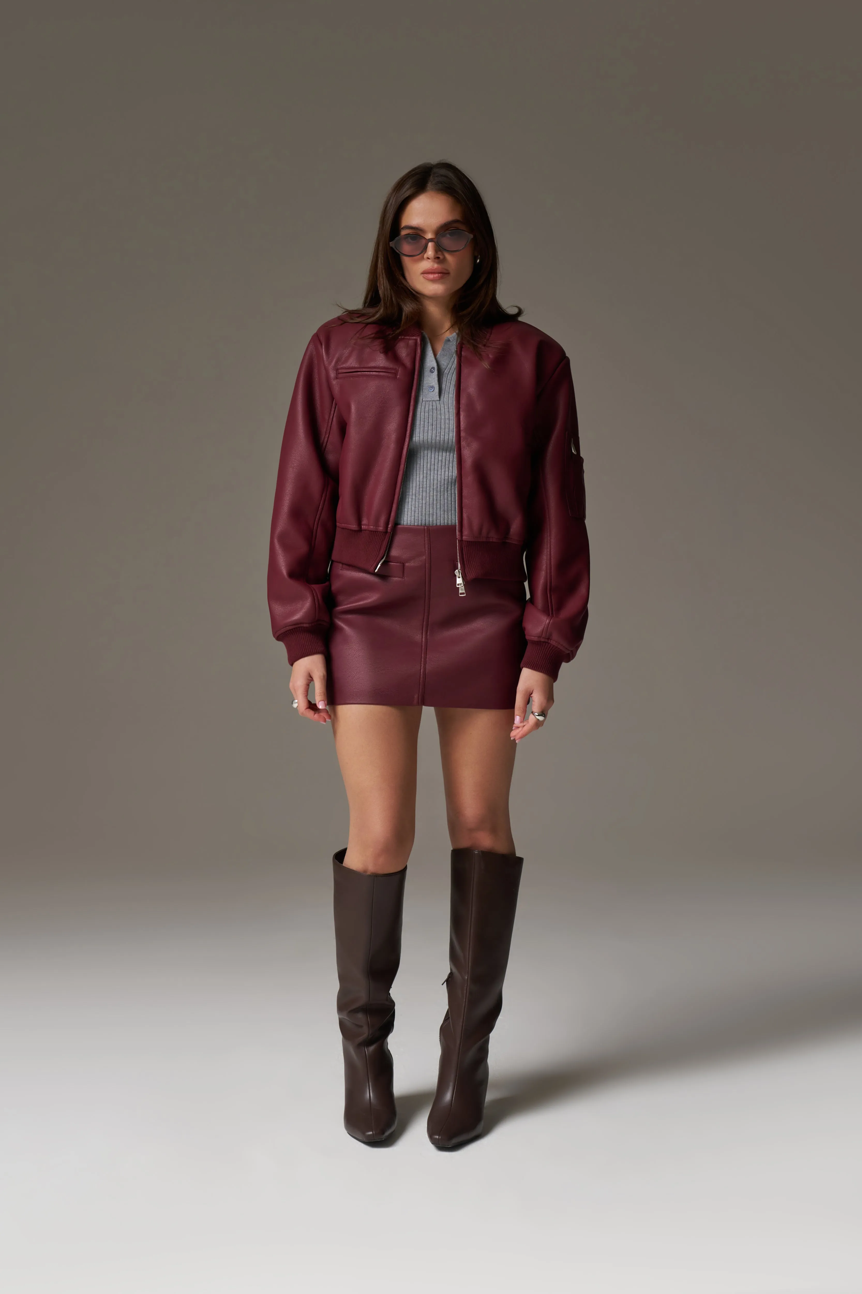 FAUX LEATHER SHOULDER PADDED BOMBER JACKET - BURGUNDY