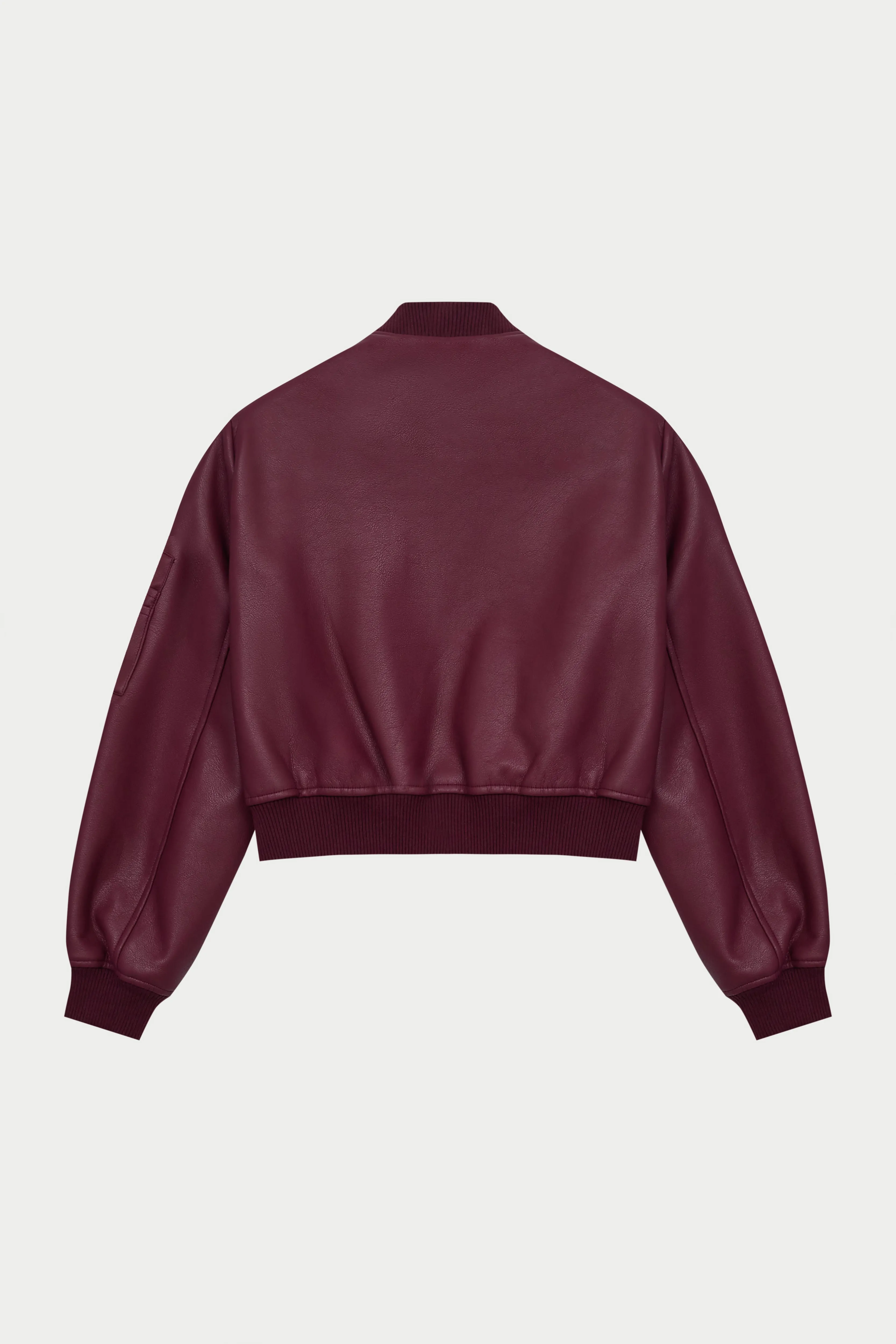 FAUX LEATHER SHOULDER PADDED BOMBER JACKET - BURGUNDY