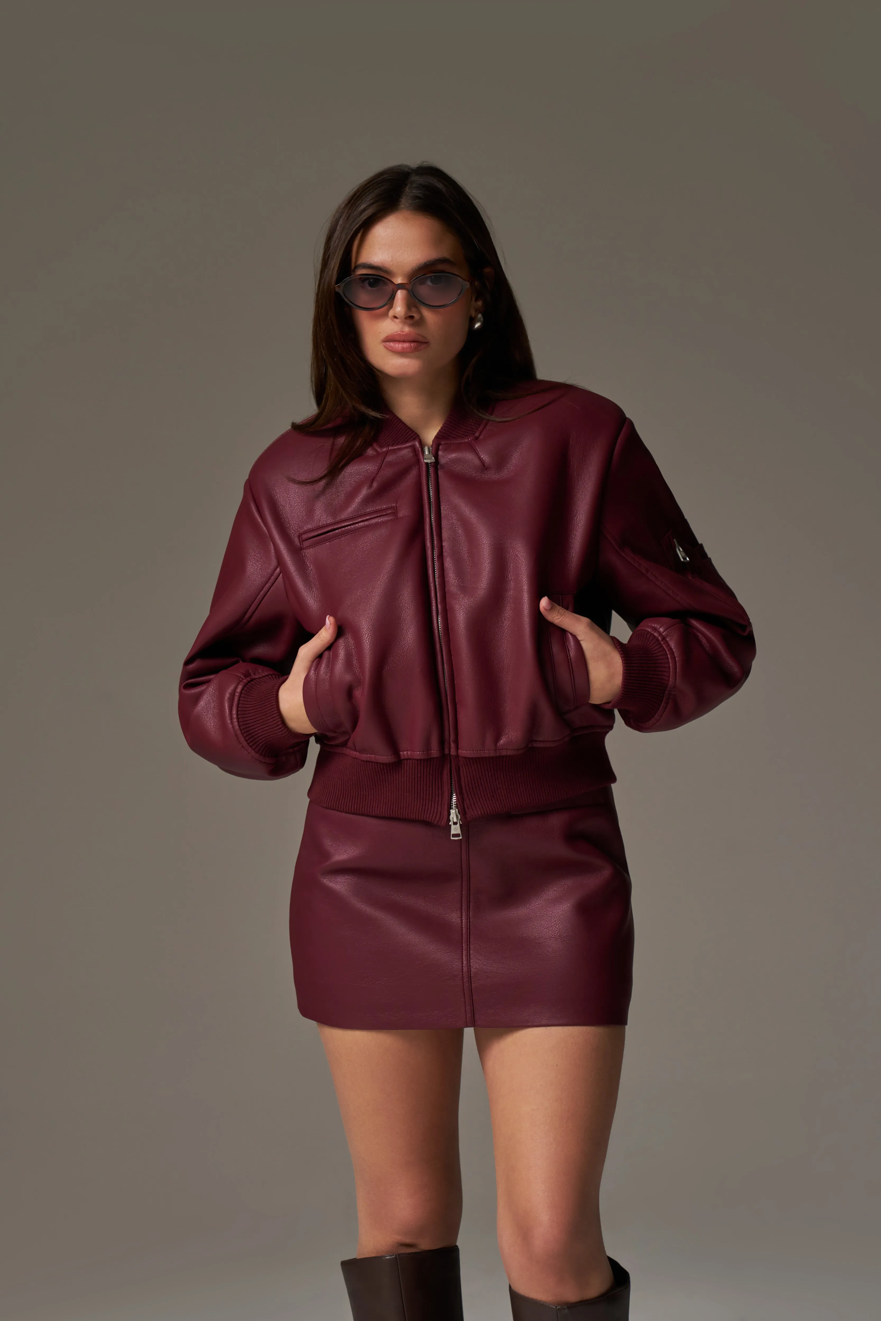 FAUX LEATHER SHOULDER PADDED BOMBER JACKET - BURGUNDY