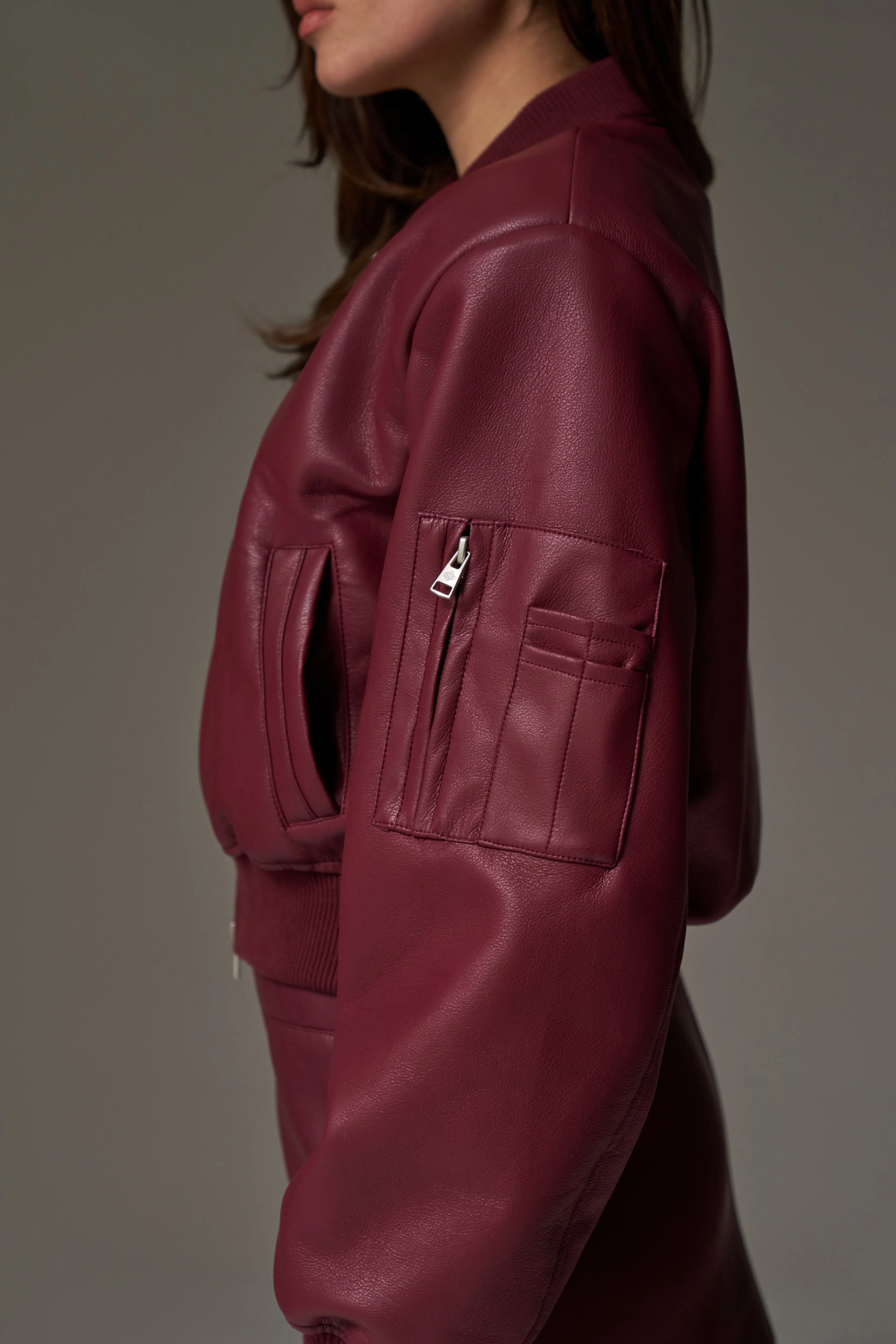 FAUX LEATHER SHOULDER PADDED BOMBER JACKET - BURGUNDY
