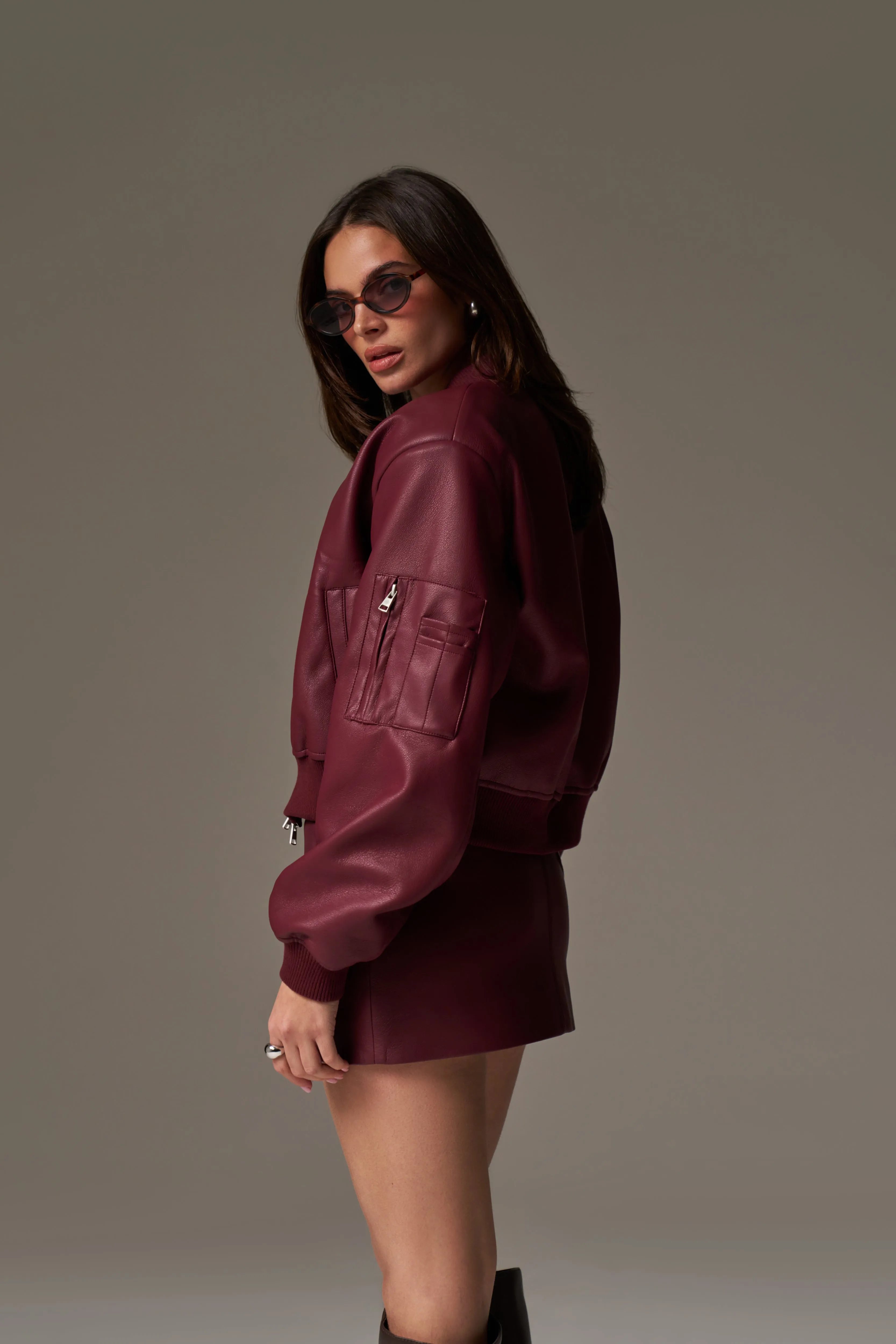 FAUX LEATHER SHOULDER PADDED BOMBER JACKET - BURGUNDY