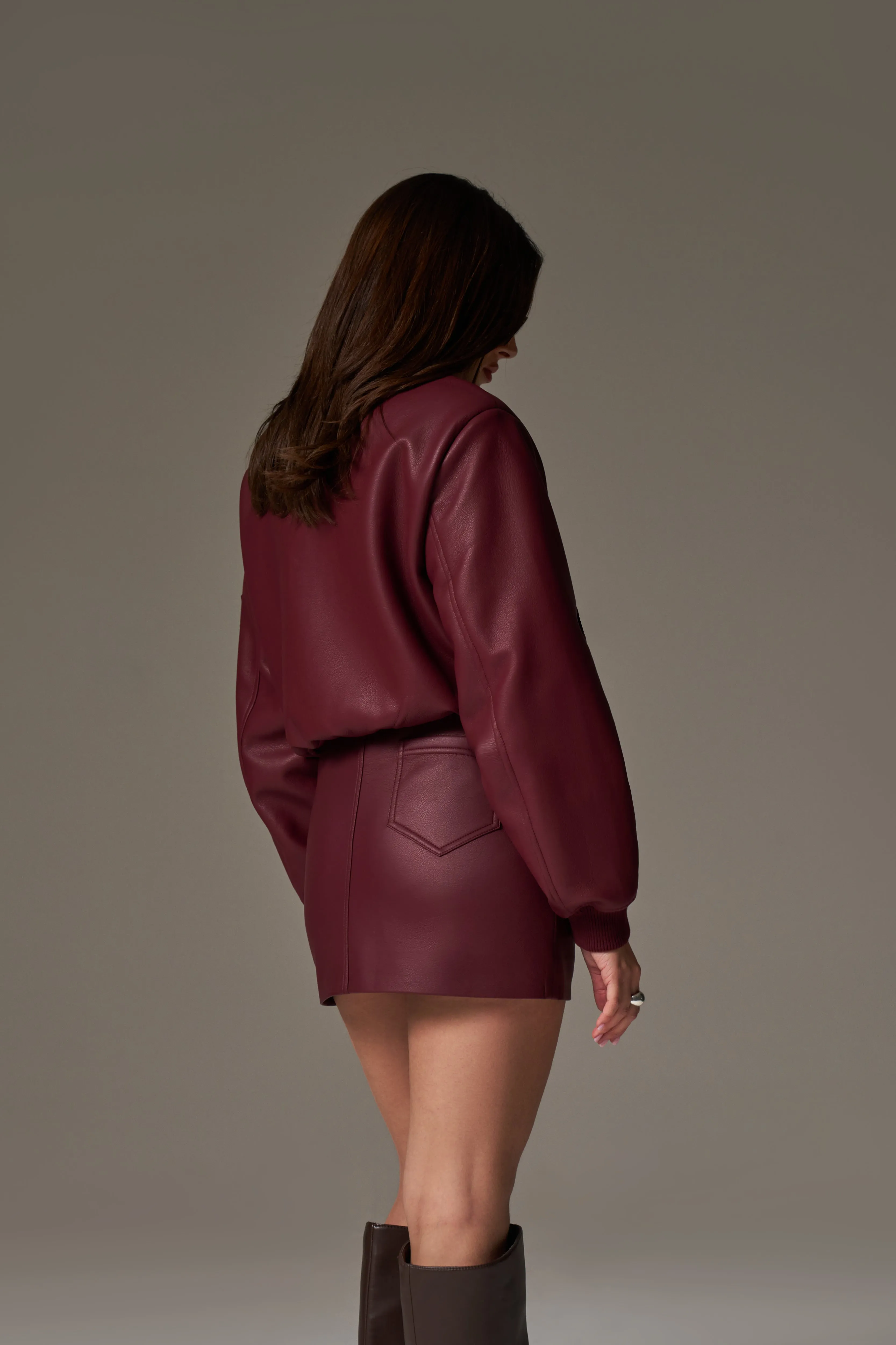 FAUX LEATHER SHOULDER PADDED BOMBER JACKET - BURGUNDY