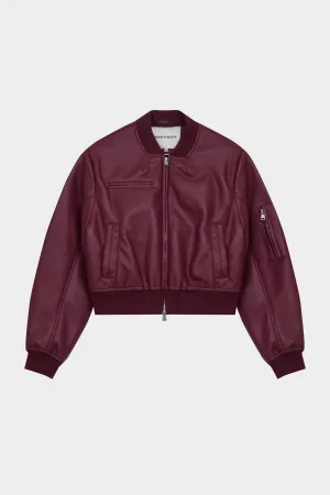 FAUX LEATHER SHOULDER PADDED BOMBER JACKET - BURGUNDY