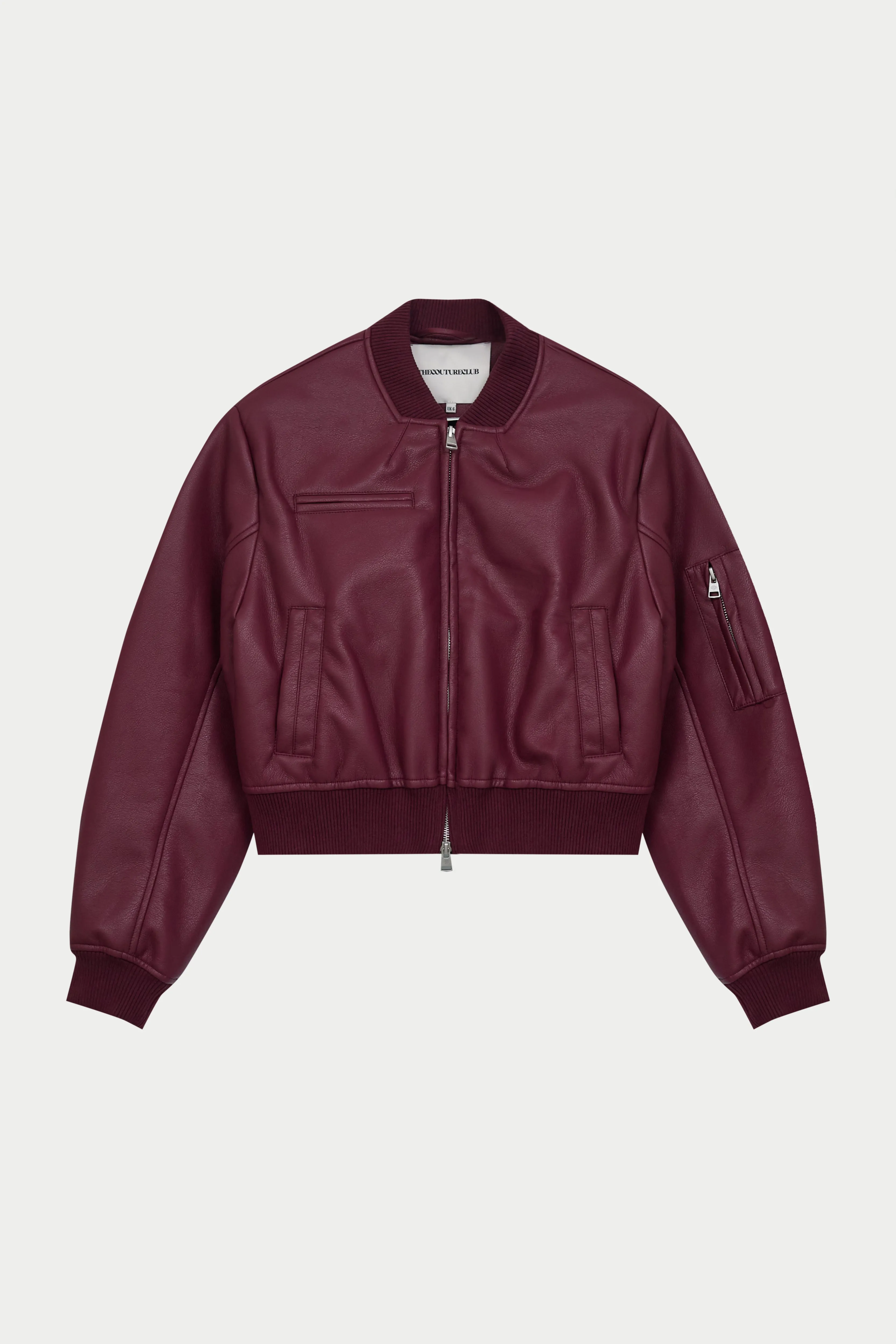 FAUX LEATHER SHOULDER PADDED BOMBER JACKET - BURGUNDY