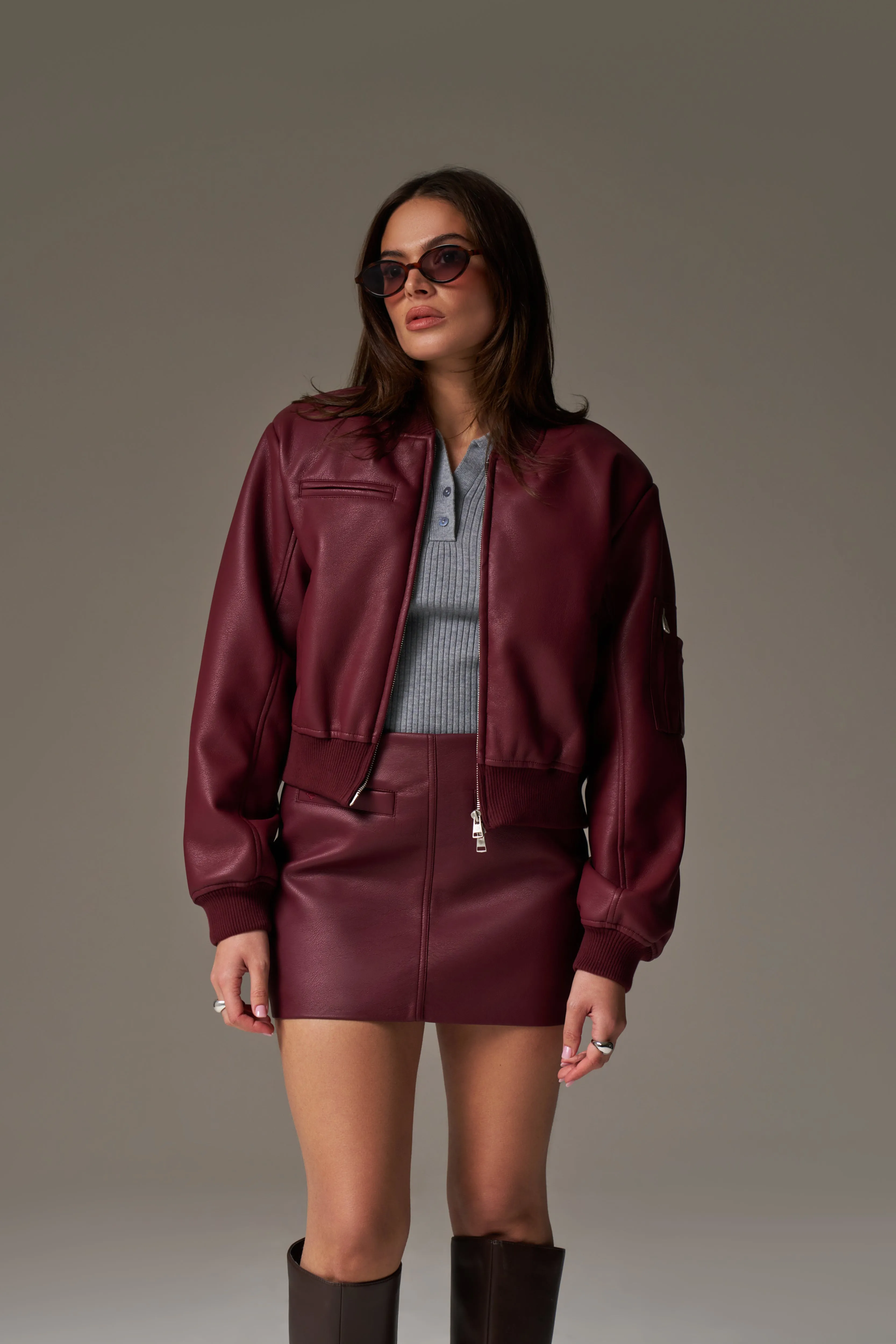 FAUX LEATHER SHOULDER PADDED BOMBER JACKET - BURGUNDY
