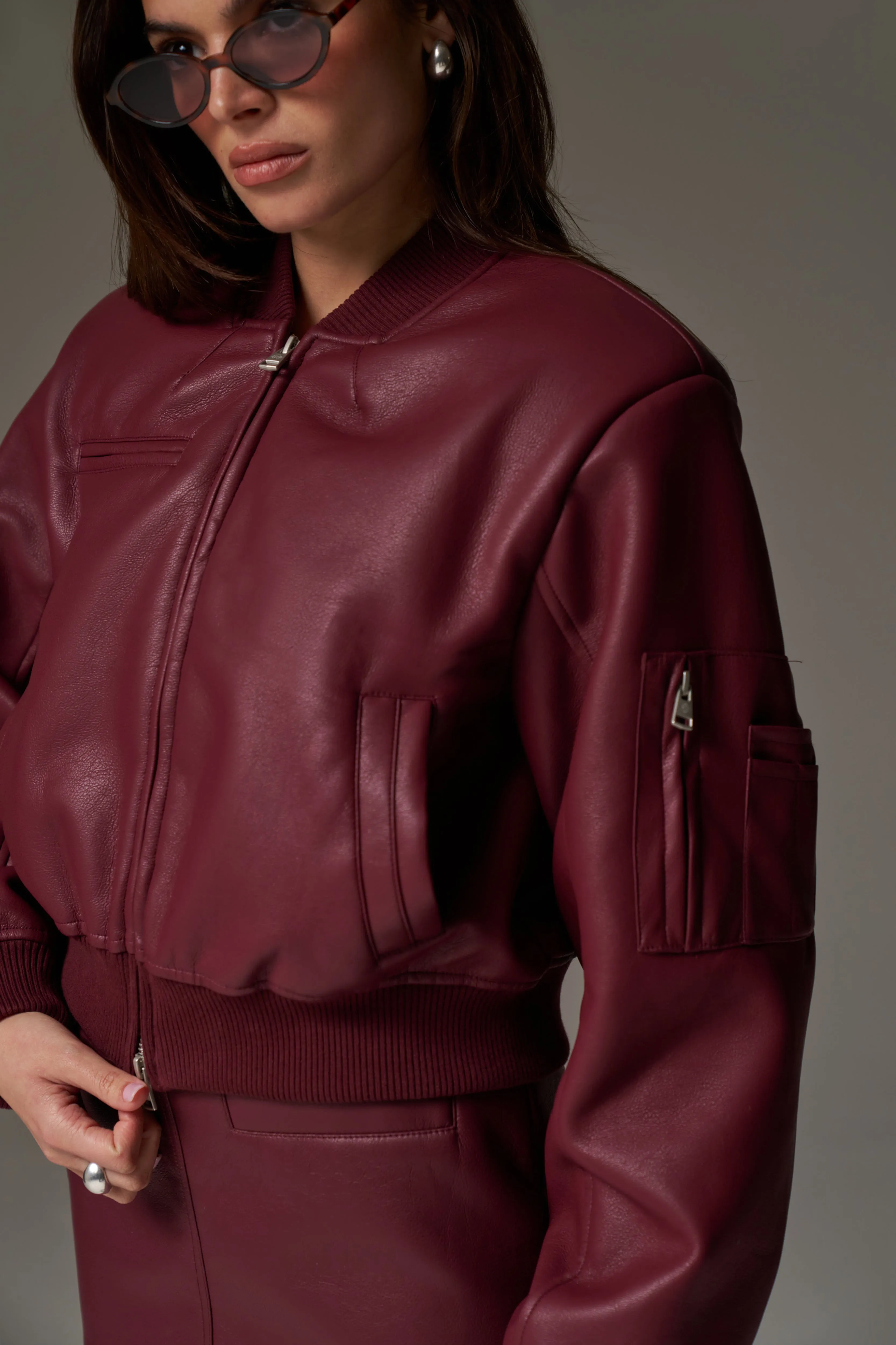 FAUX LEATHER SHOULDER PADDED BOMBER JACKET - BURGUNDY