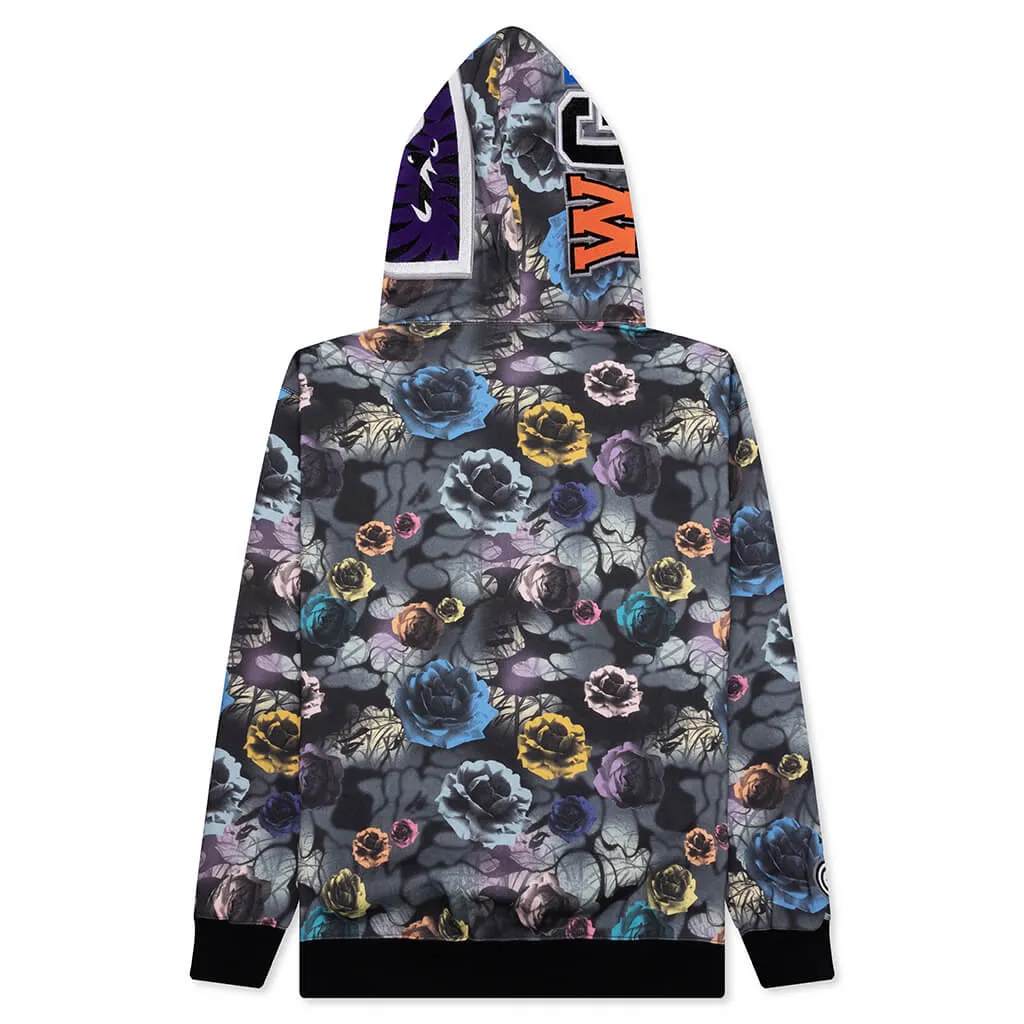 Floral Camo Shark Relaxed Fit Full Zip Hoodie - Black