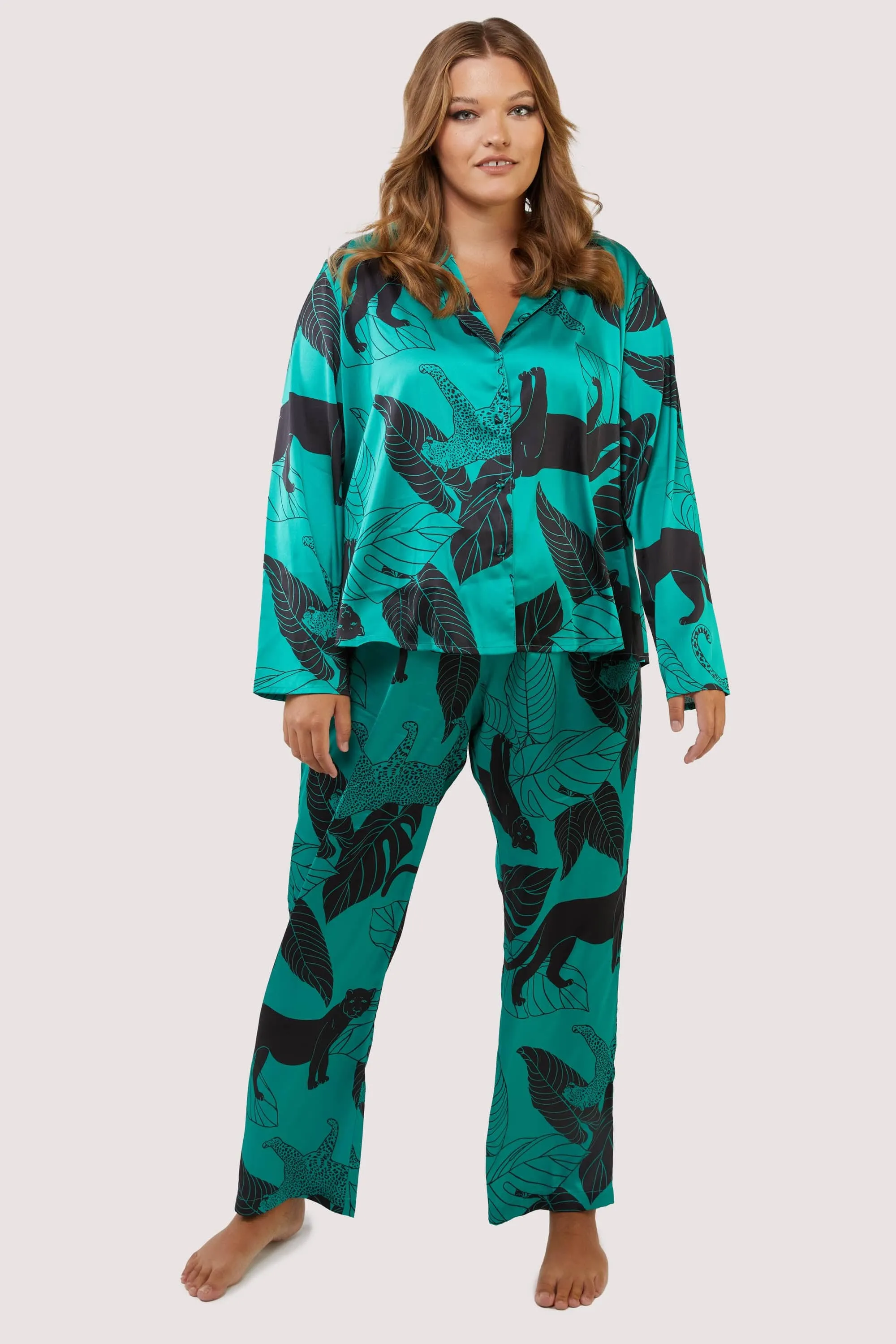 Green Panther Print Satin Pyjama Set