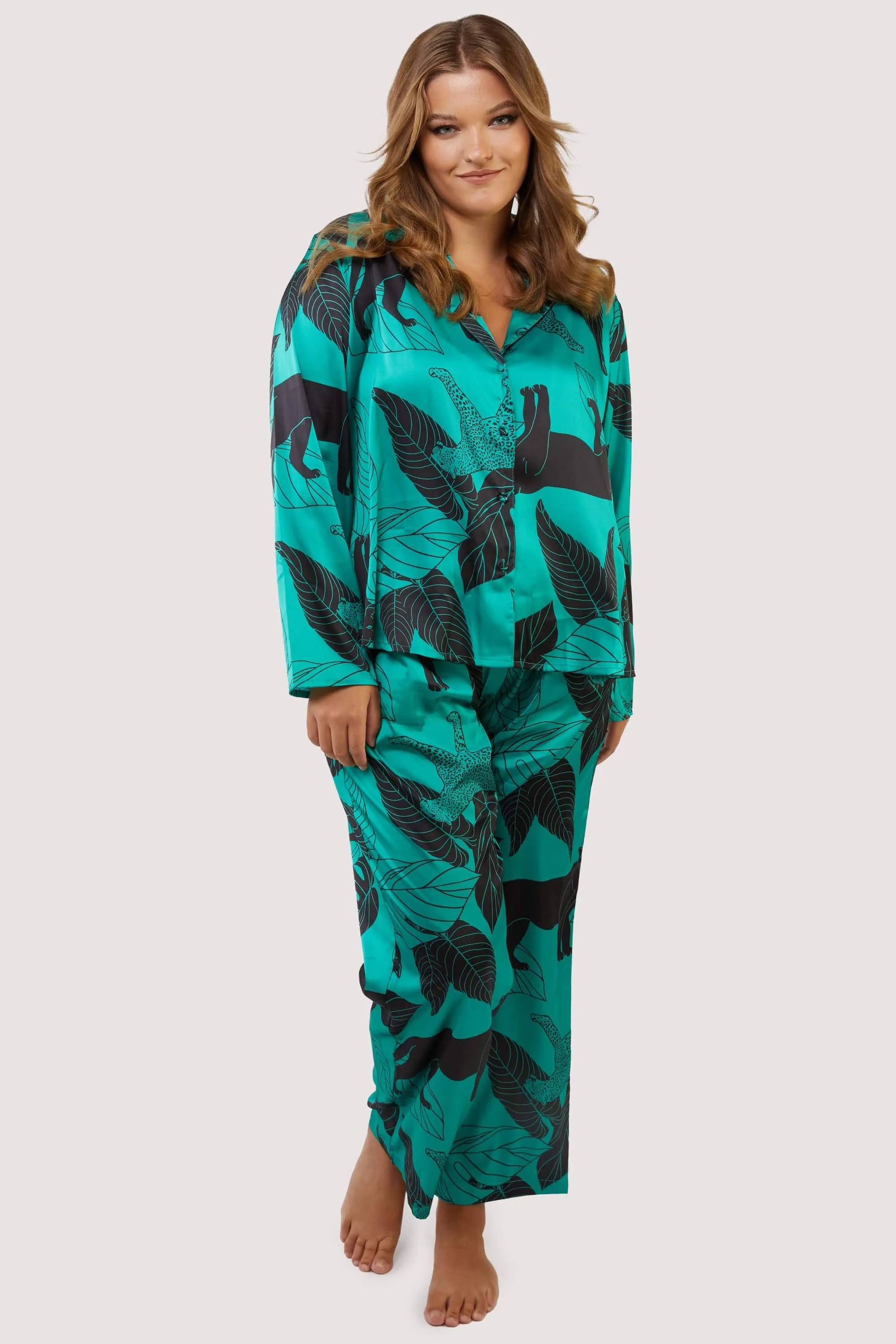 Green Panther Print Satin Pyjama Set