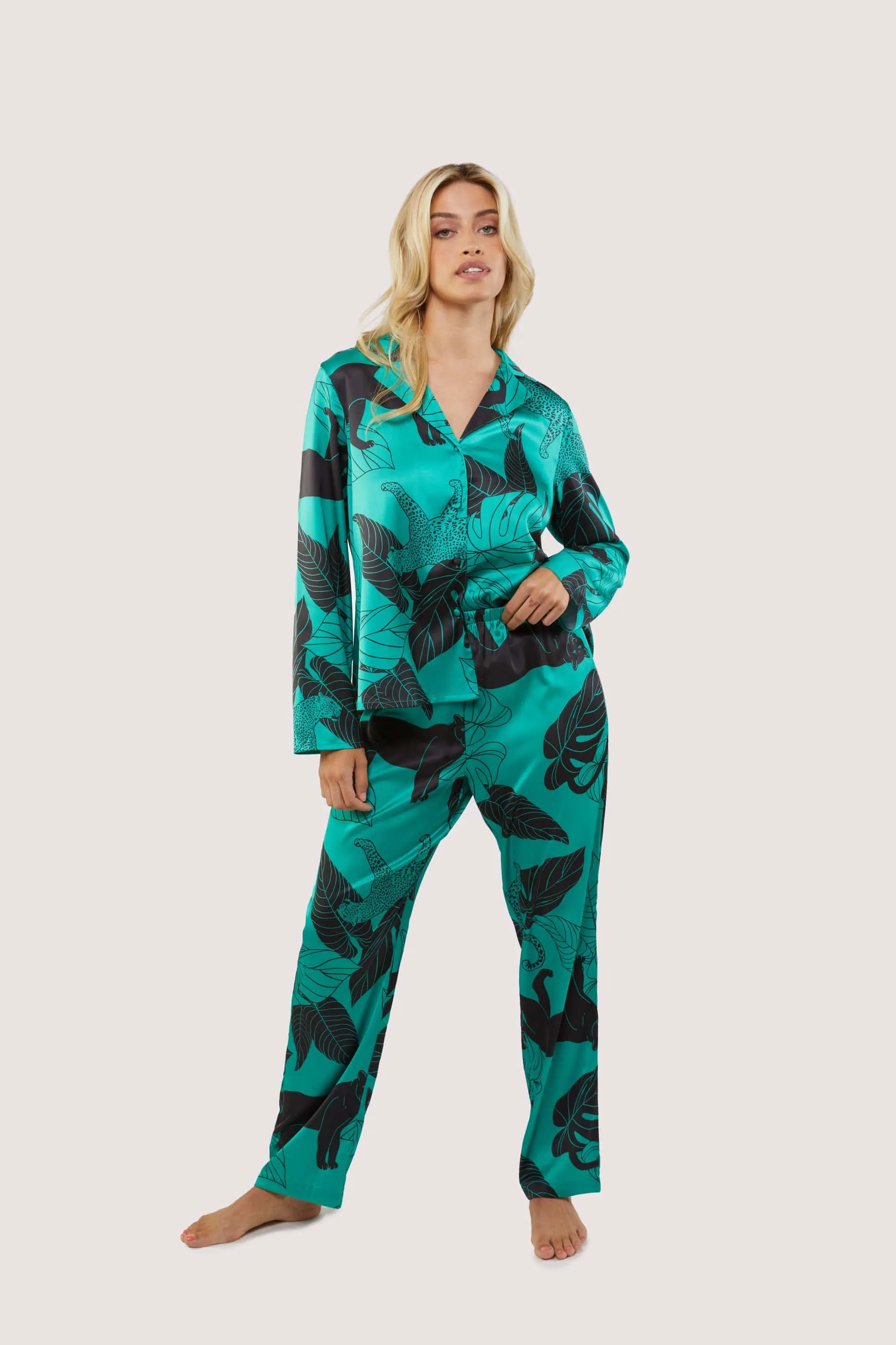Green Panther Print Satin Pyjama Set