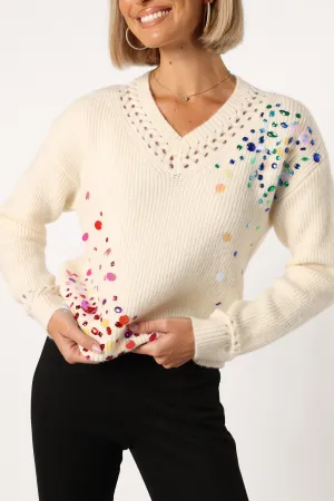 Journee Jewel Embellished V Neck Knit Sweater - Cream