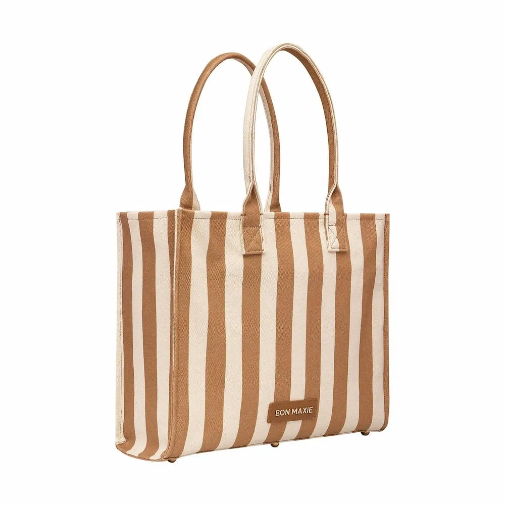 Large Bon Vivant Structured Tote Bag -- Tan Stripe