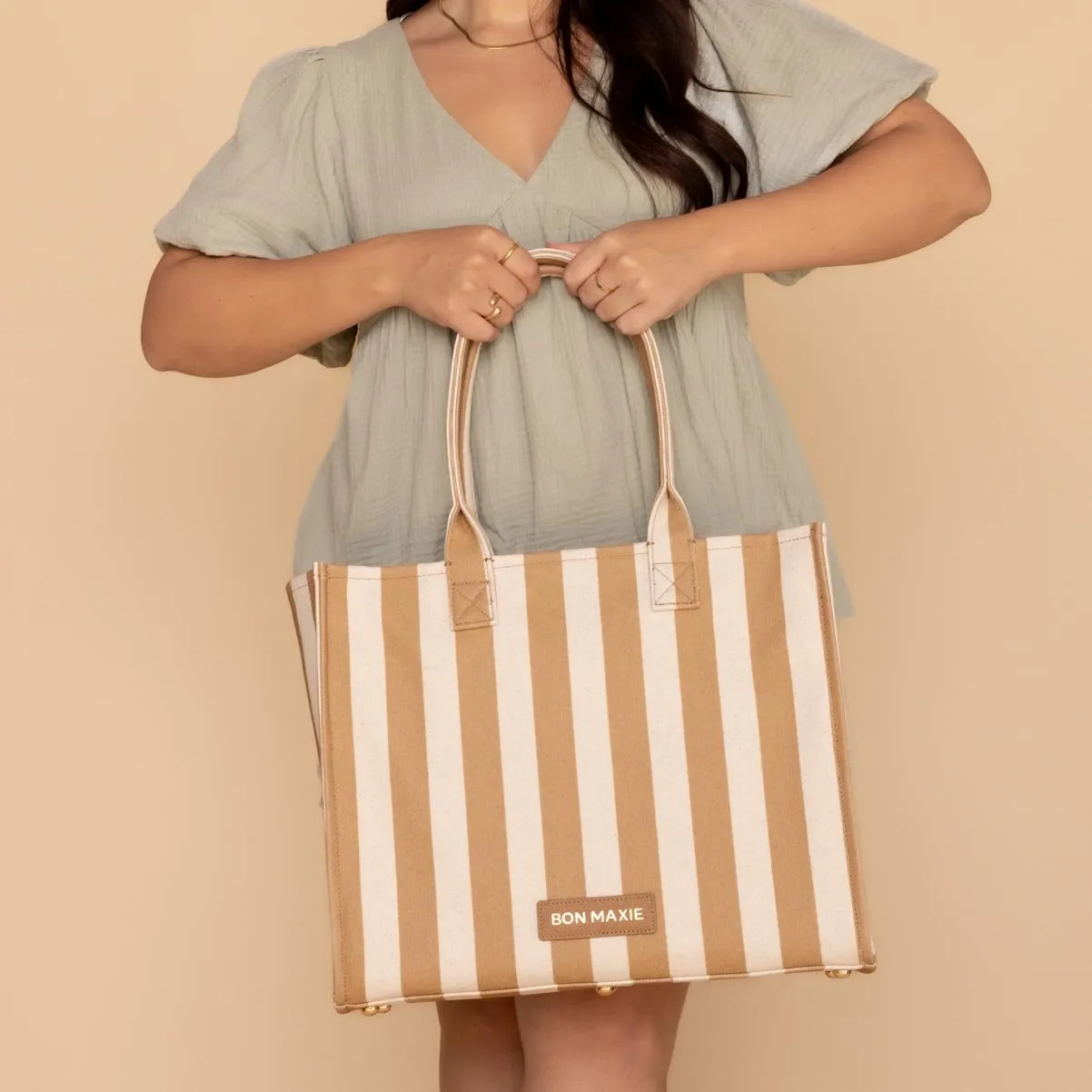 Large Bon Vivant Structured Tote Bag -- Tan Stripe