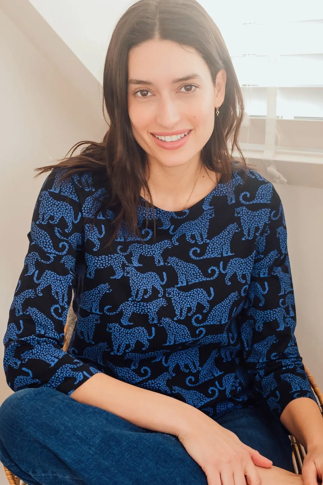 Noor Jersey Top - Black/Blue. Leopard Spots
