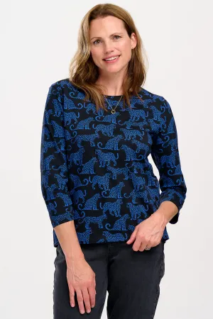 Noor Jersey Top - Black/Blue. Leopard Spots