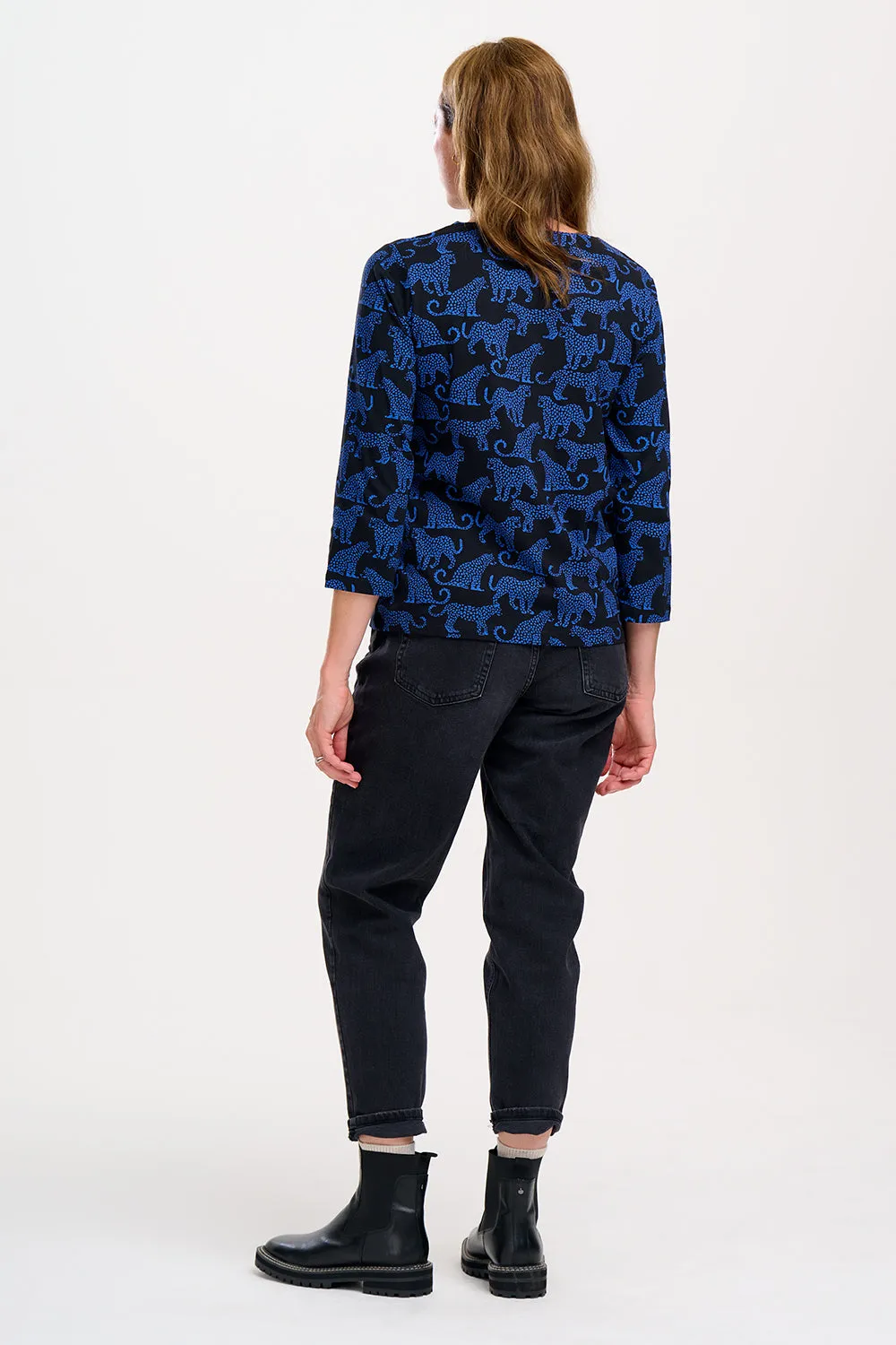 Noor Jersey Top - Black/Blue. Leopard Spots