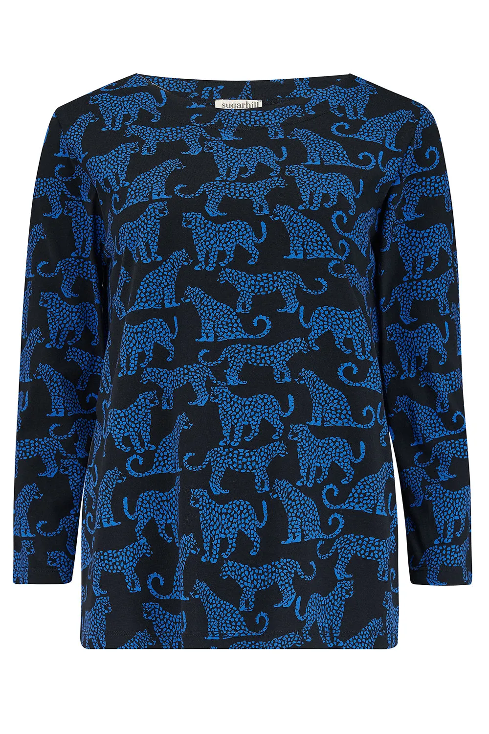 Noor Jersey Top - Black/Blue. Leopard Spots