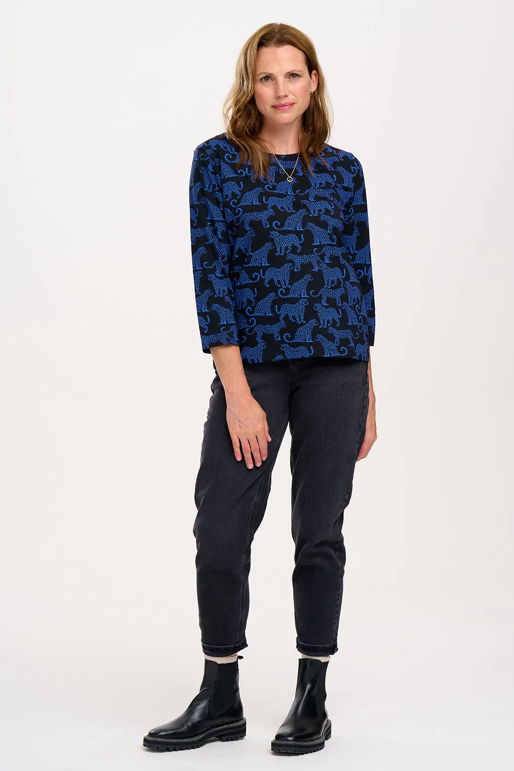 Noor Jersey Top - Black/Blue. Leopard Spots