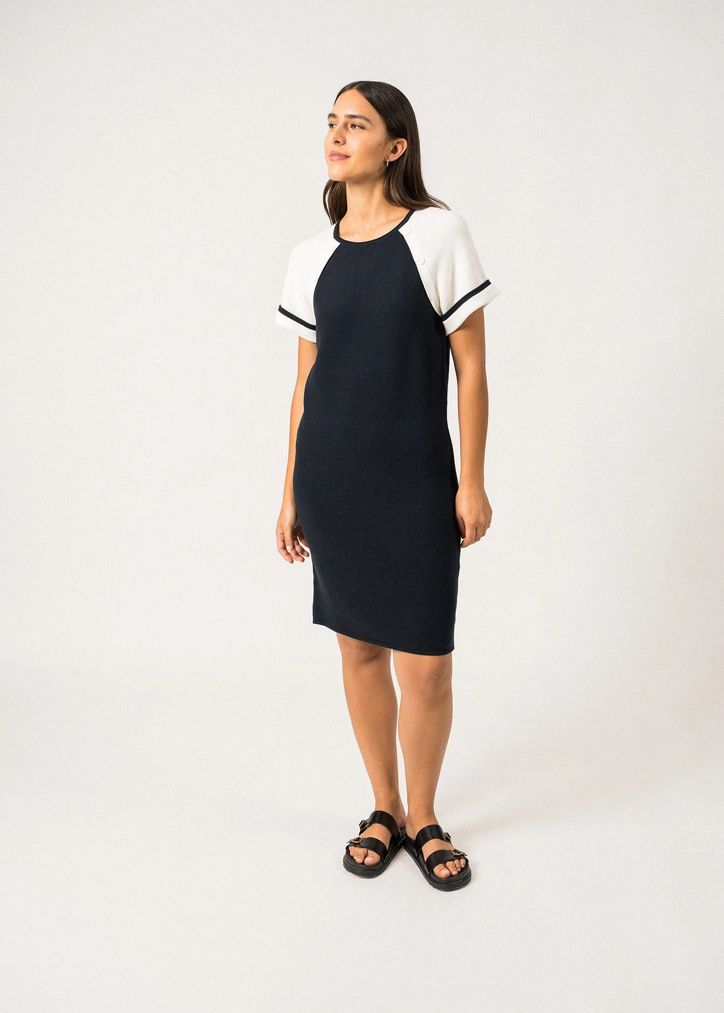 PLAISANCE - Fancy Knit Cotton Dress by Isabelle Ballu | 100% Cotton  (NAVY / IVORY)