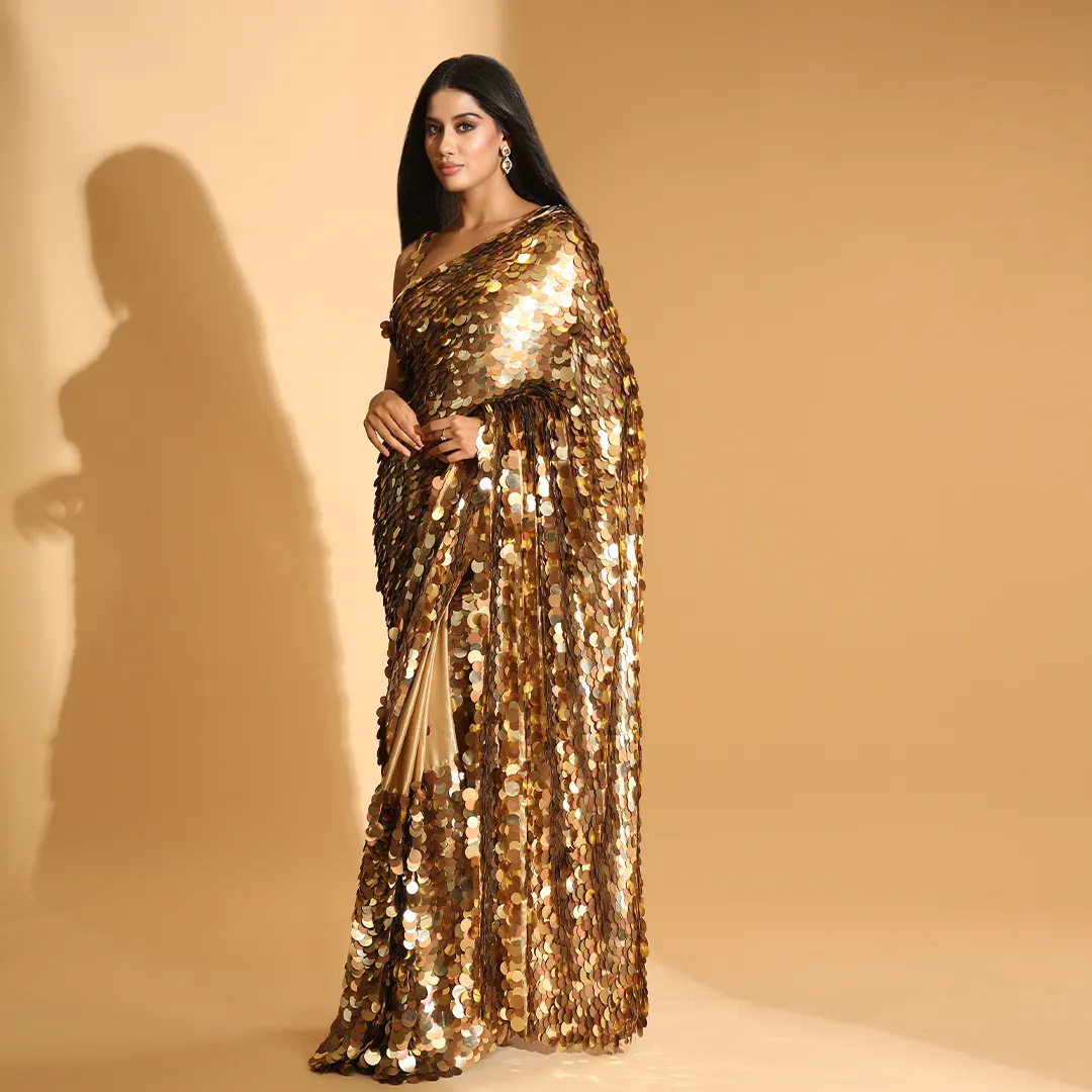 Ritika Khatnani in Nirmooha's Golden Sequin Hand-Embroidered Saree with Blouse and Petticoat|Anicenne Ethnic