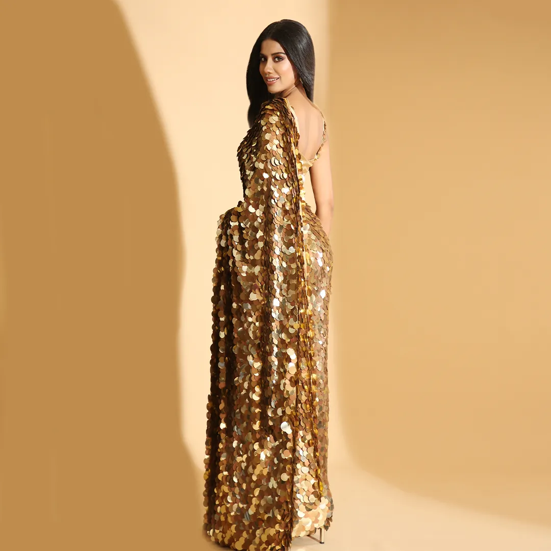 Ritika Khatnani in Nirmooha's Golden Sequin Hand-Embroidered Saree with Blouse and Petticoat|Anicenne Ethnic