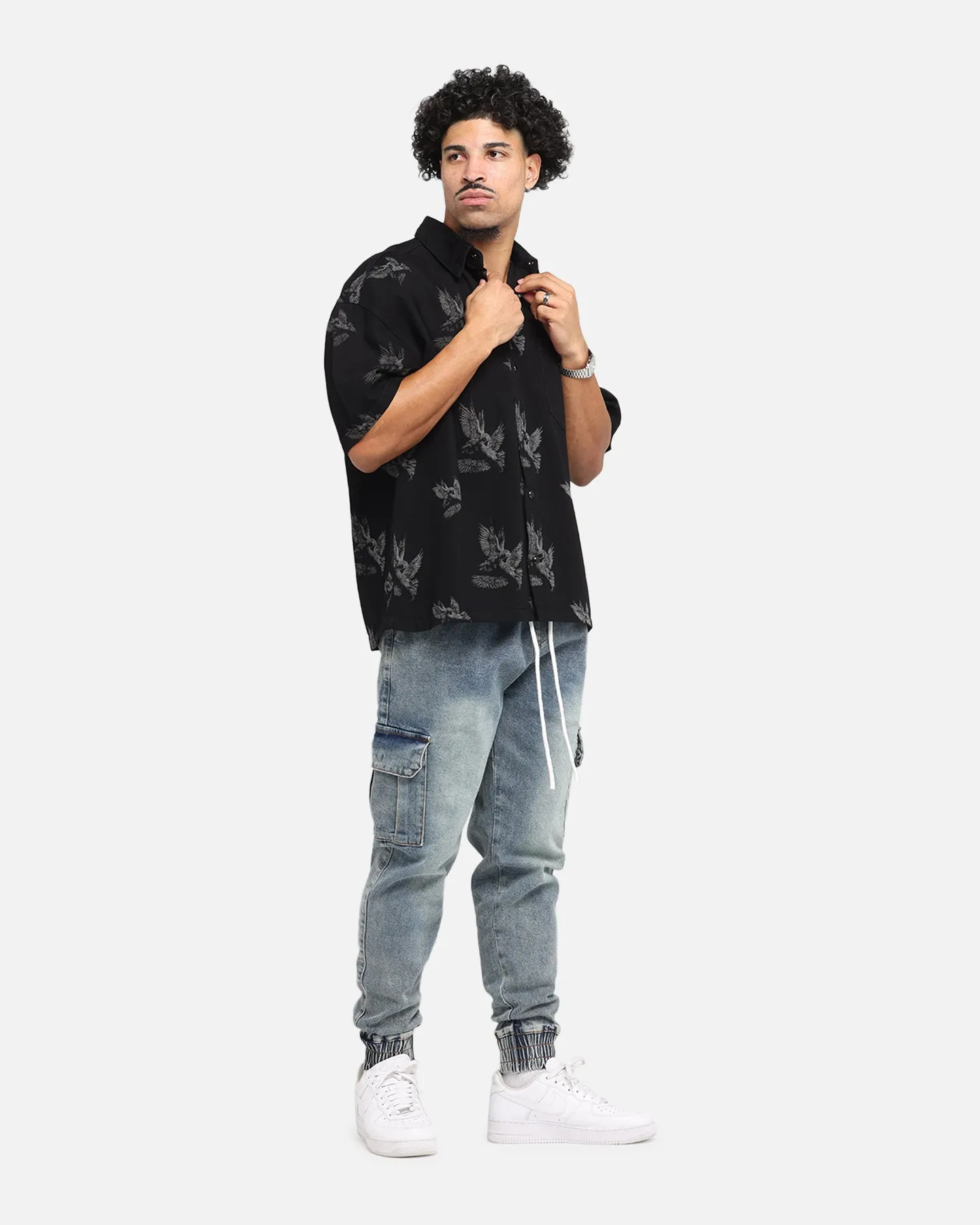 Saint Morta Doves Boxy Denim Button Up Shirt Black