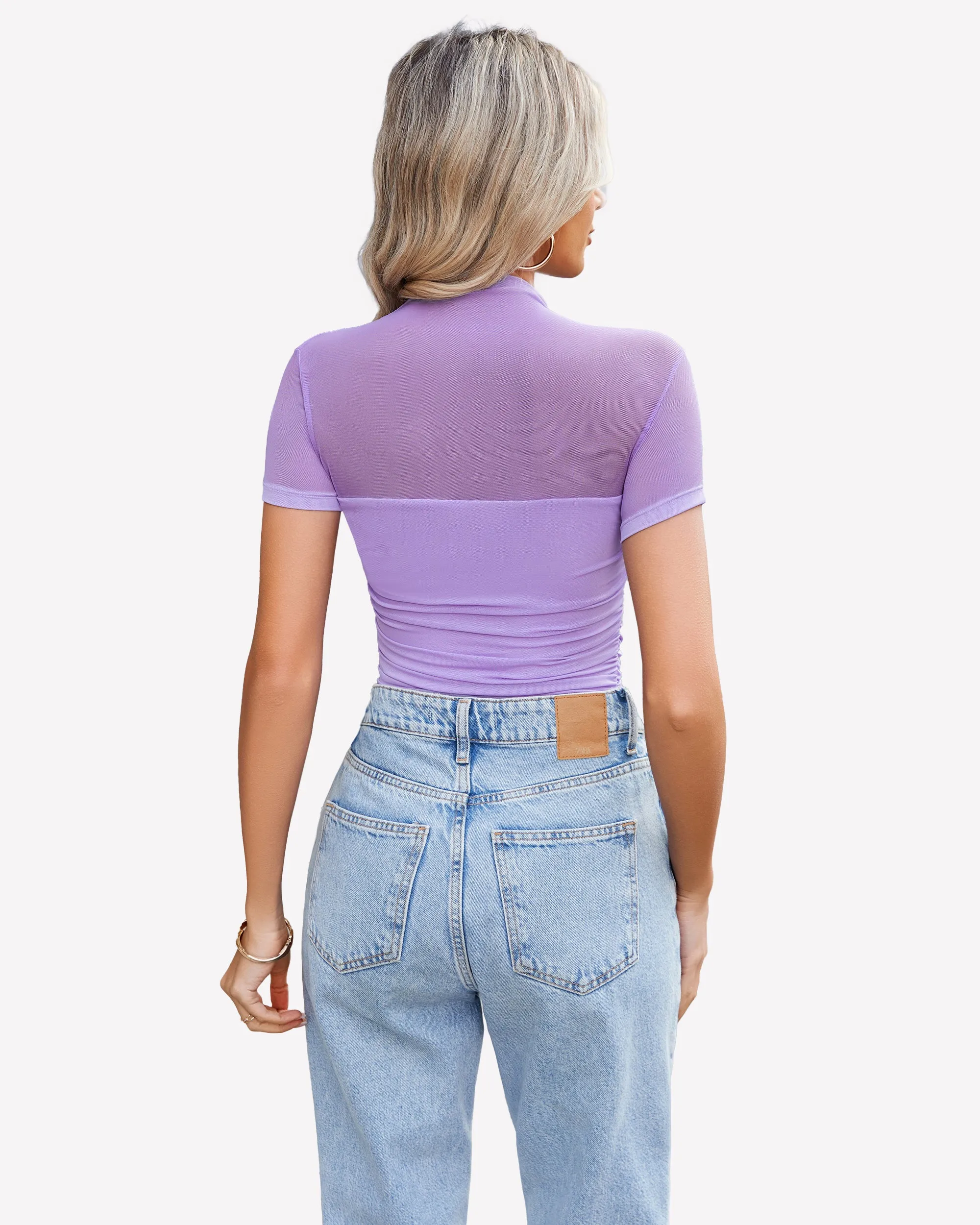 Short Sleeve Bodysuit Turtle Neck Mesh Tops