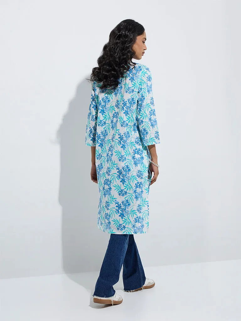 Utsa Aqua Foliage Printed Straight Cotton Kurta