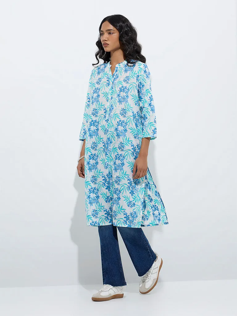 Utsa Aqua Foliage Printed Straight Cotton Kurta