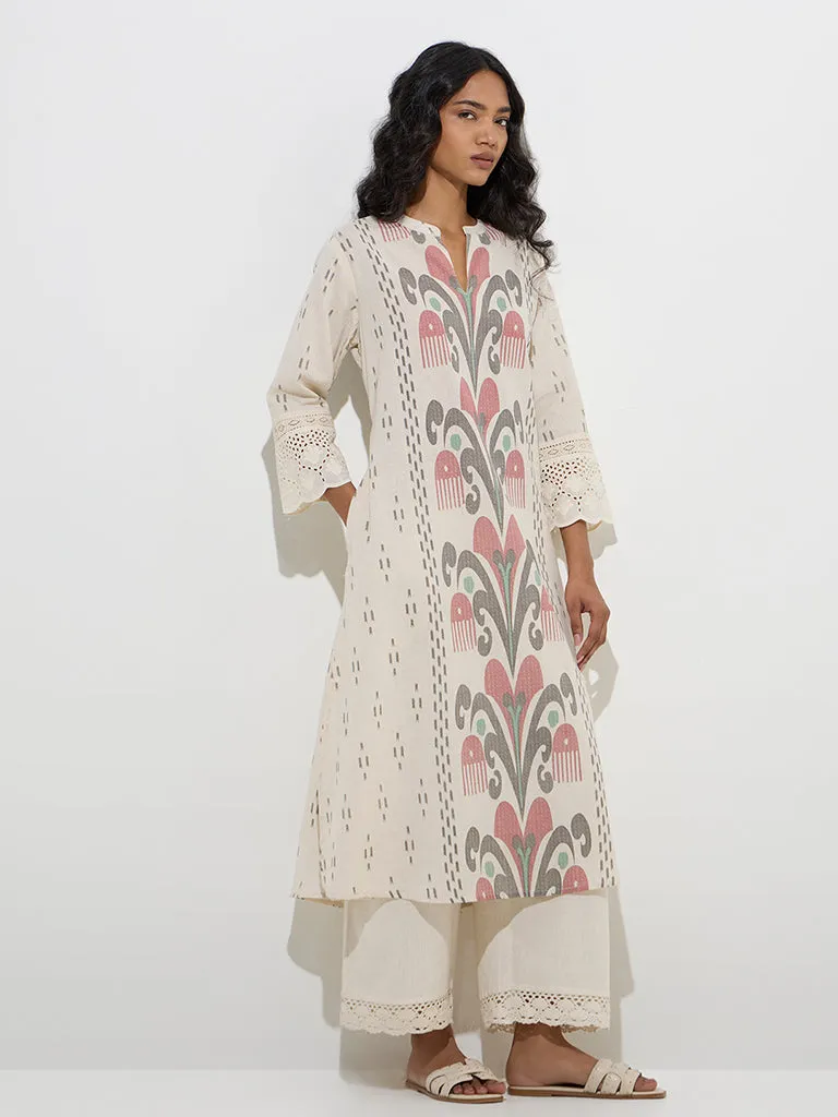 Utsa Off-White Ikat Pattern Cotton-Blend A-Line Kurta