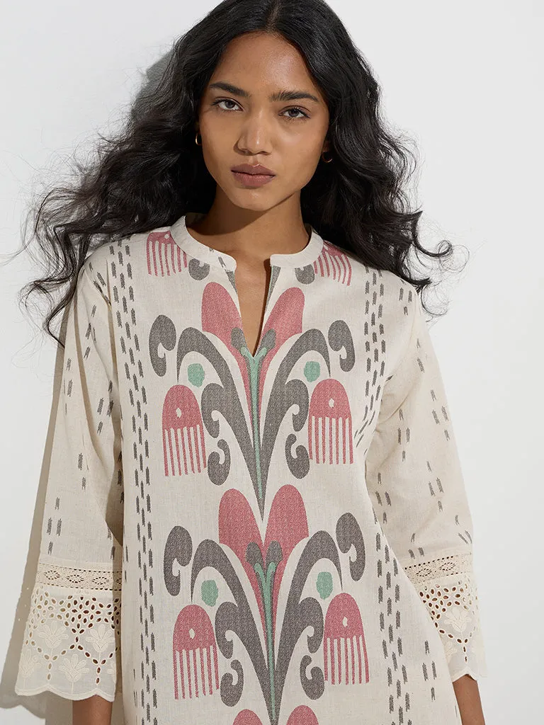 Utsa Off-White Ikat Pattern Cotton-Blend A-Line Kurta