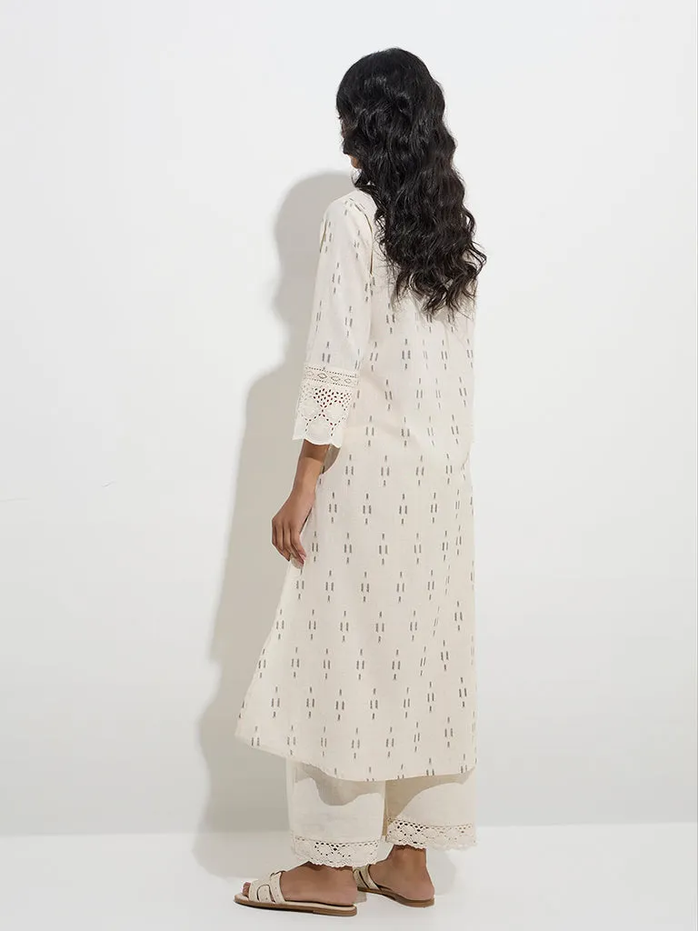 Utsa Off-White Ikat Pattern Cotton-Blend A-Line Kurta