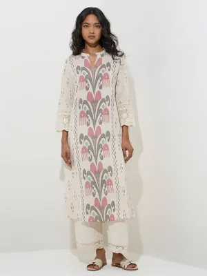 Utsa Off-White Ikat Pattern Cotton-Blend A-Line Kurta