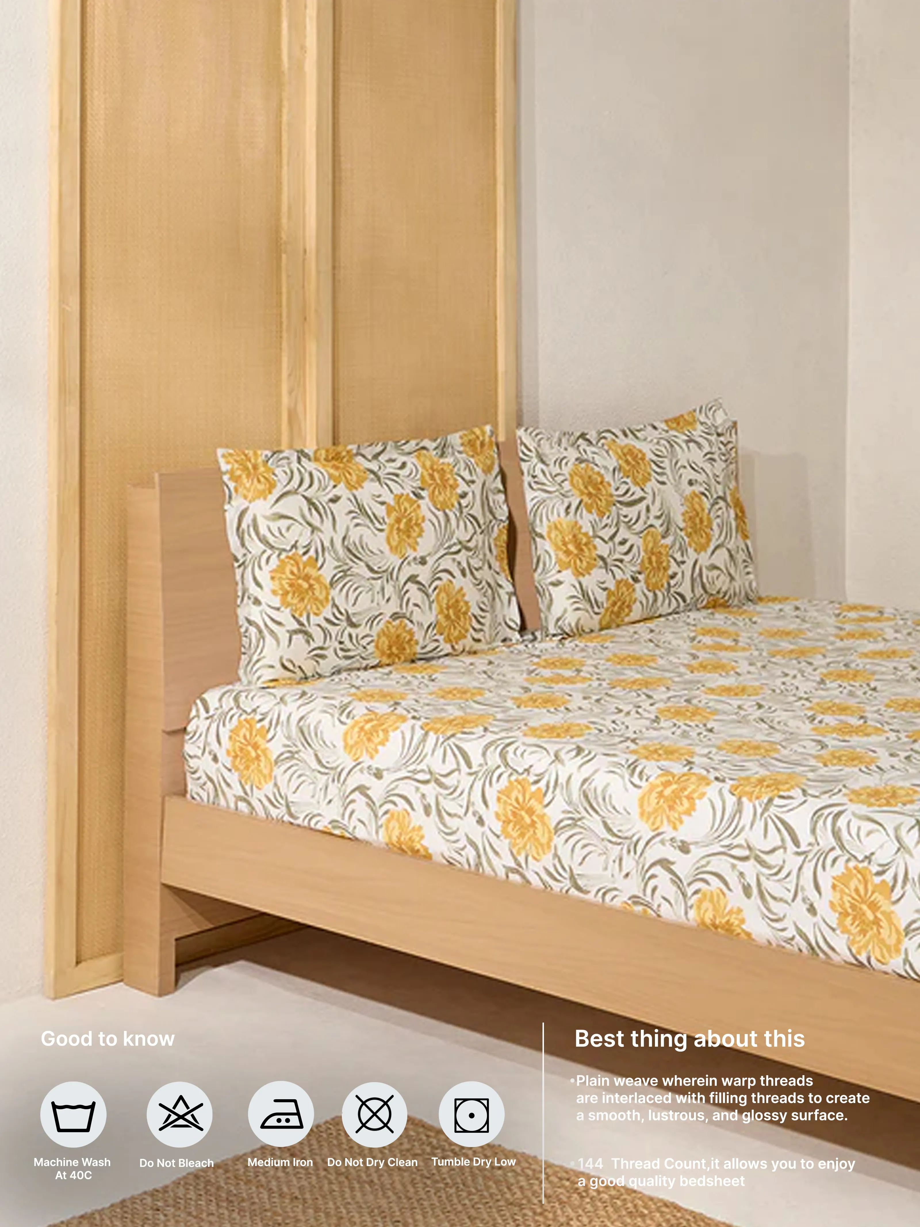 Westside Home Yellow Floral Printed King Bed Flat Sheet and Pillowcase Set